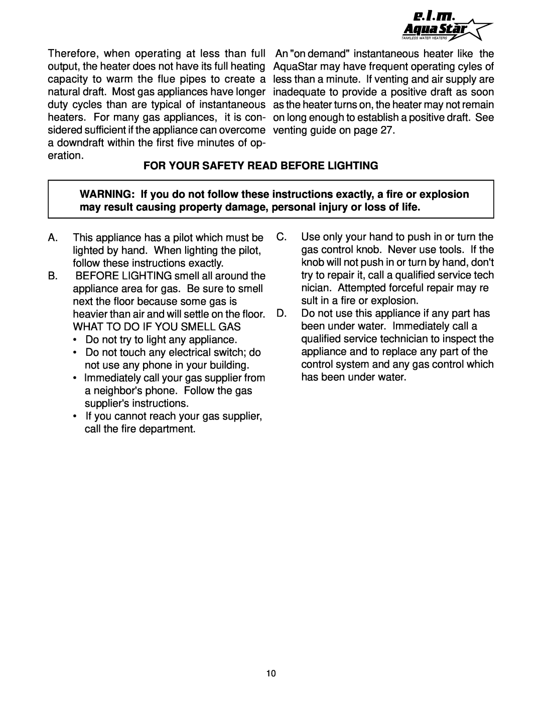 AquaStar 170 VP manual For Your Safety Read Before Lighting 
