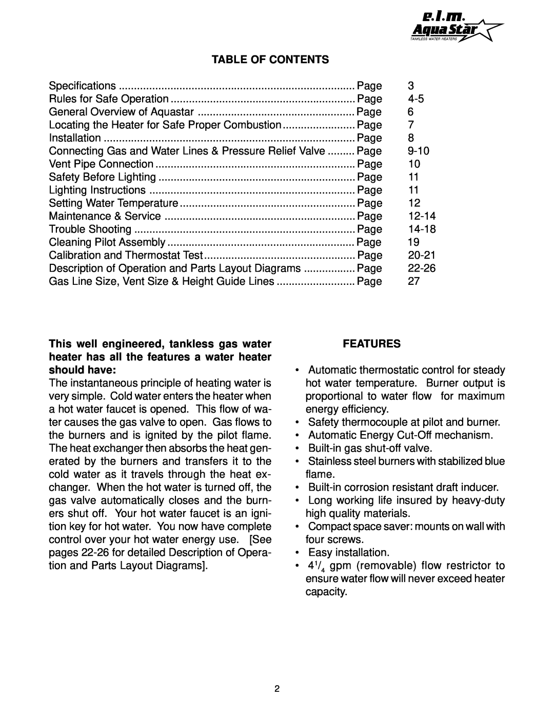 AquaStar 170 VP manual Table Of Contents, Features 