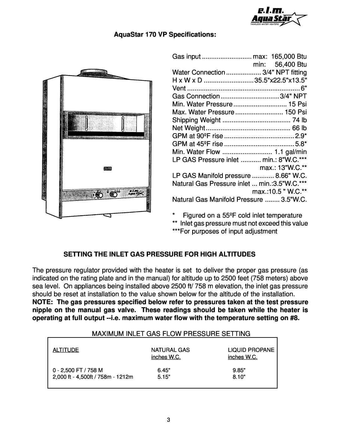 AquaStar manual AquaStar 170 VP Specifications, Setting The Inlet Gas Pressure For High Altitudes 