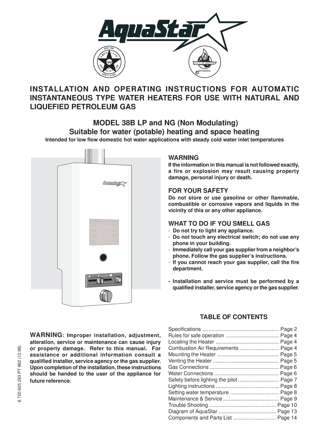 AquaStar 38B LP, 38B NG specifications For Your Safety, What to do if YOU Smell GAS, Table of Contents 