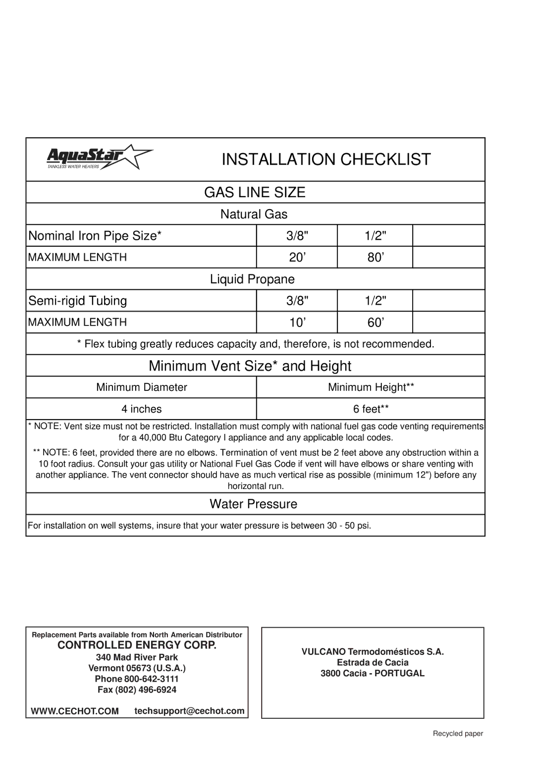 AquaStar 38B NG, 38B LP specifications Installation Checklist, Controlled Energy Corp 