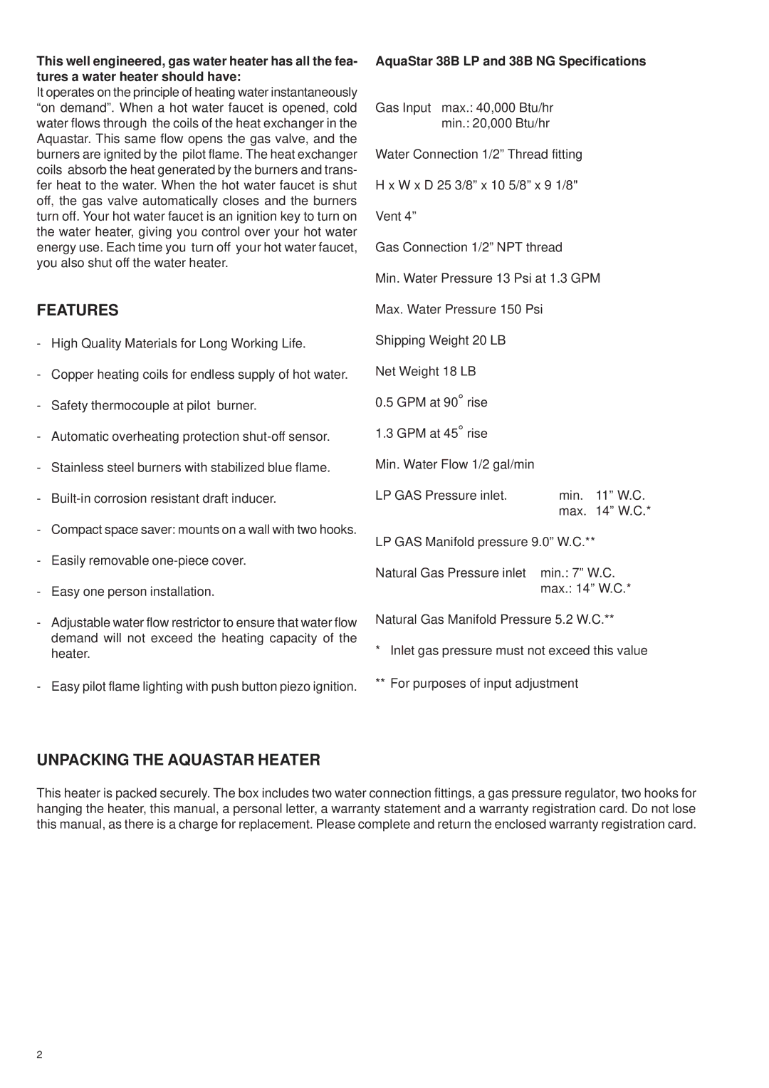 AquaStar specifications Features, Unpacking the Aquastar Heater, AquaStar 38B LP and 38B NG Specifications 