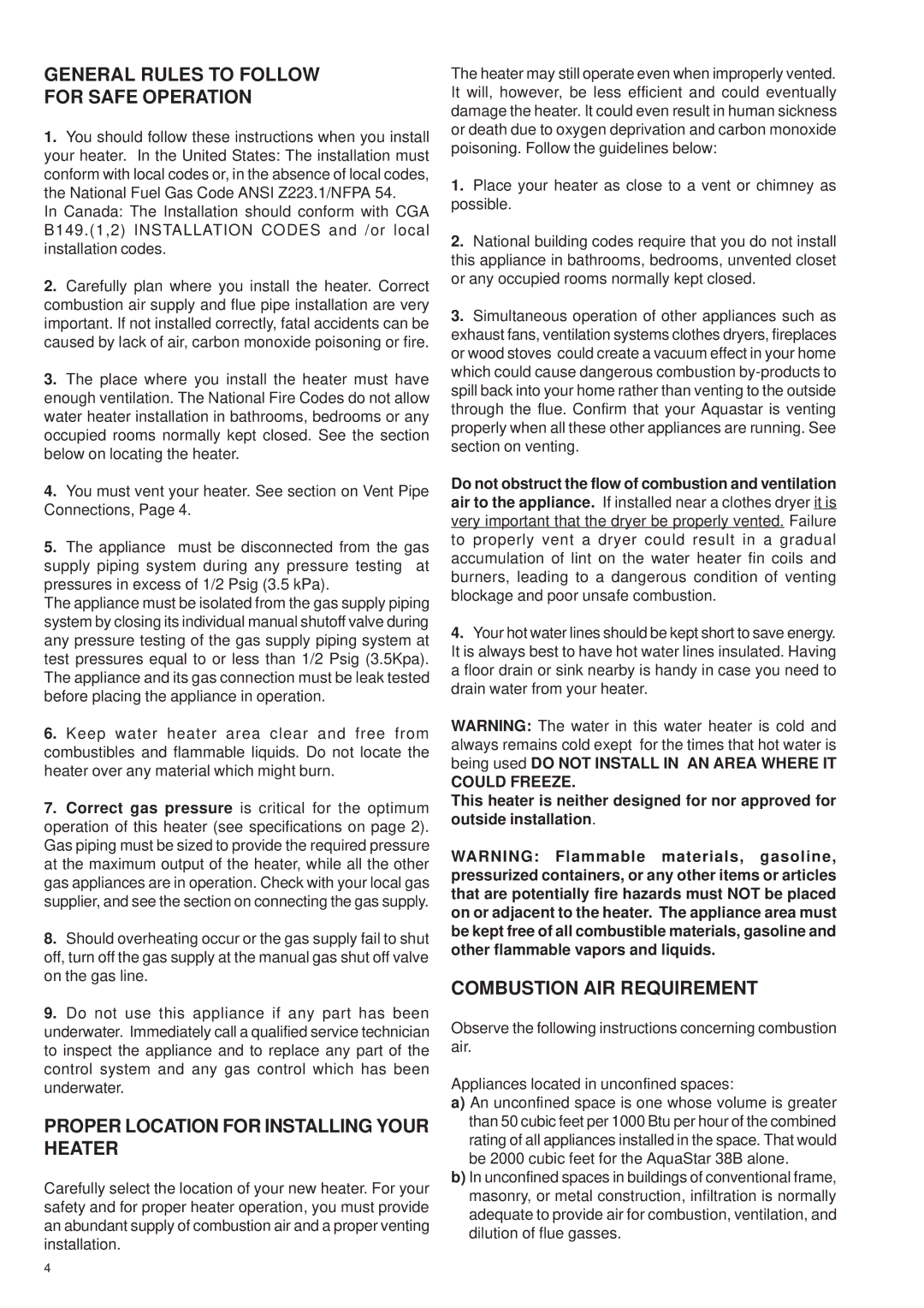 AquaStar 38B NG General Rules to Follow For Safe Operation, Proper Location for Installing Your Heater, Could Freeze 