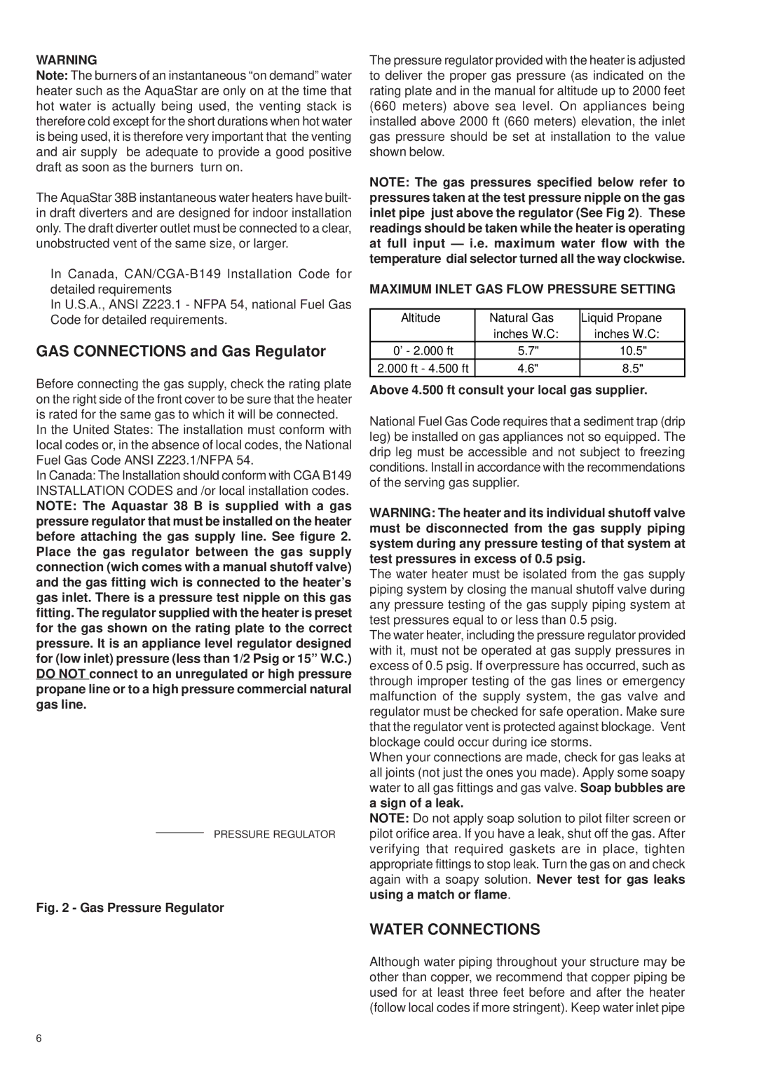 AquaStar 38B NG, 38B LP Water Connections, Maximum Inlet GAS Flow Pressure Setting, Altitude Natural Gas Liquid Propane 