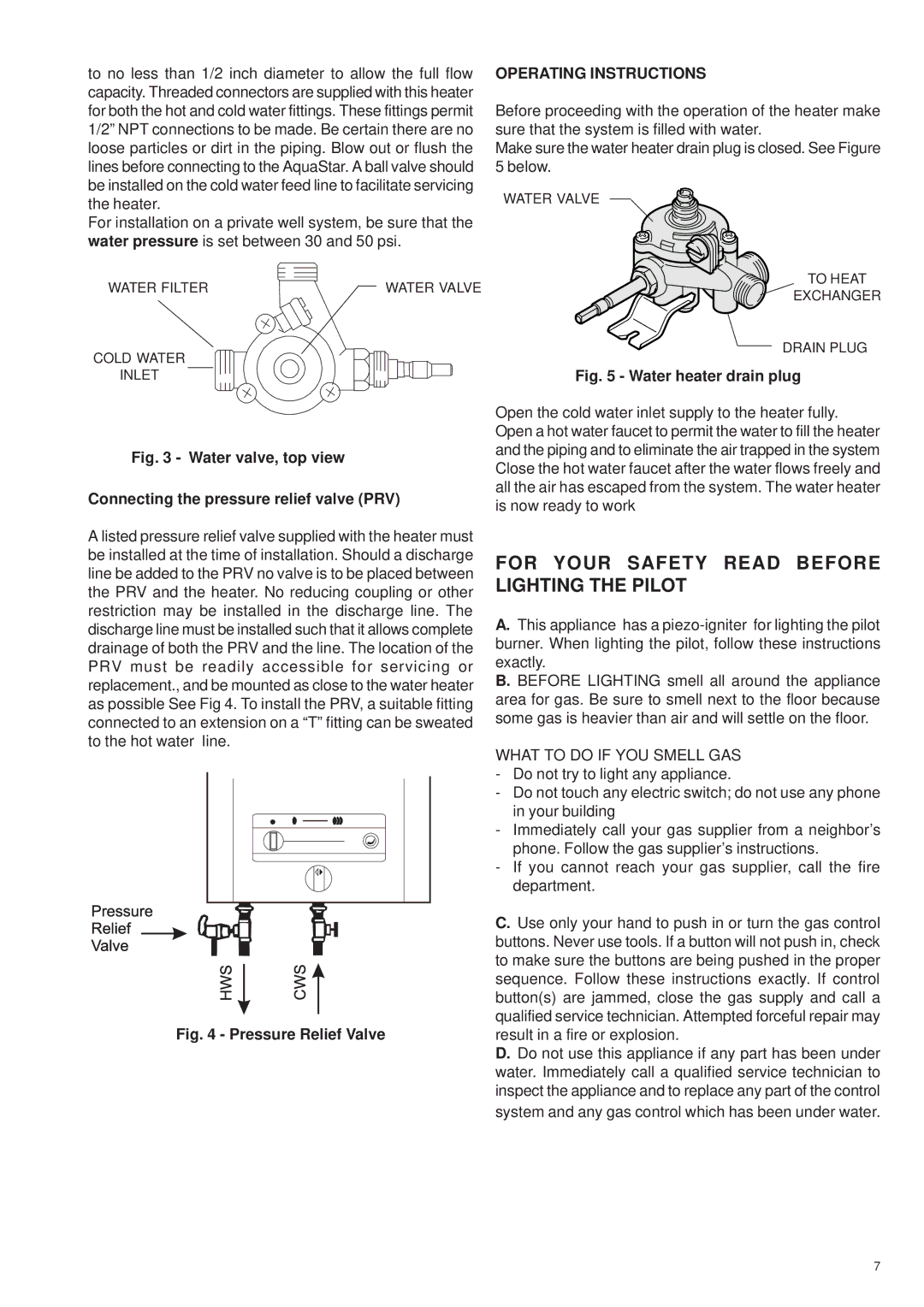 AquaStar 38B LP, 38B NG specifications For Your Safety Read Before Lighting the Pilot, Operating Instructions 