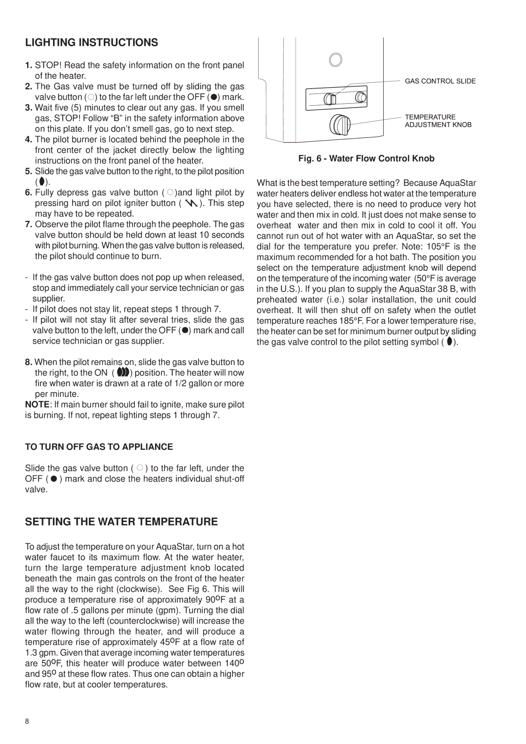 AquaStar 38B NG, 38B LP specifications Lighting Instructions, Setting the Water Temperature, To Turn OFF GAS to Appliance 