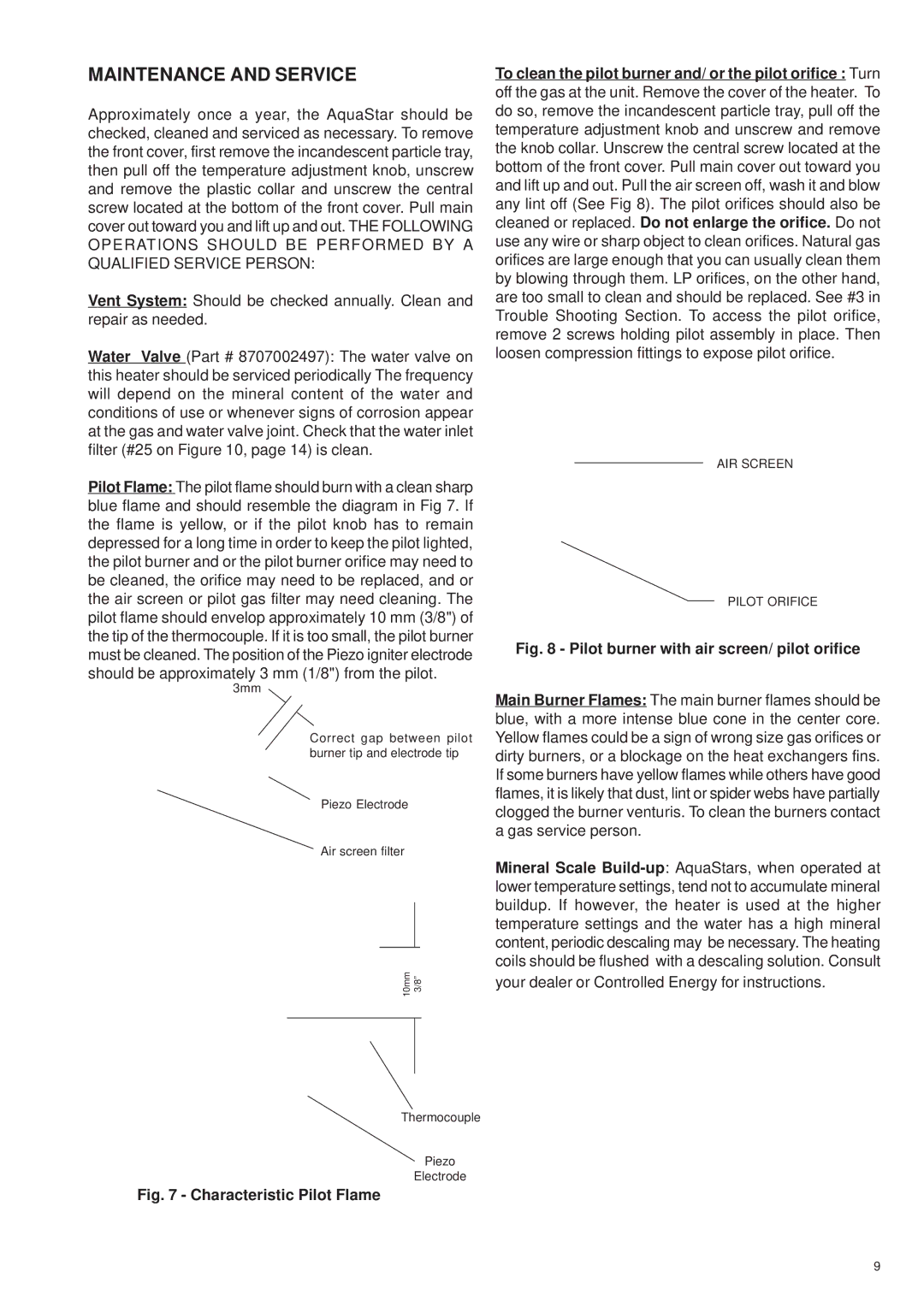 AquaStar 38B LP, 38B NG specifications Maintenance and Service, Characteristic Pilot Flame 