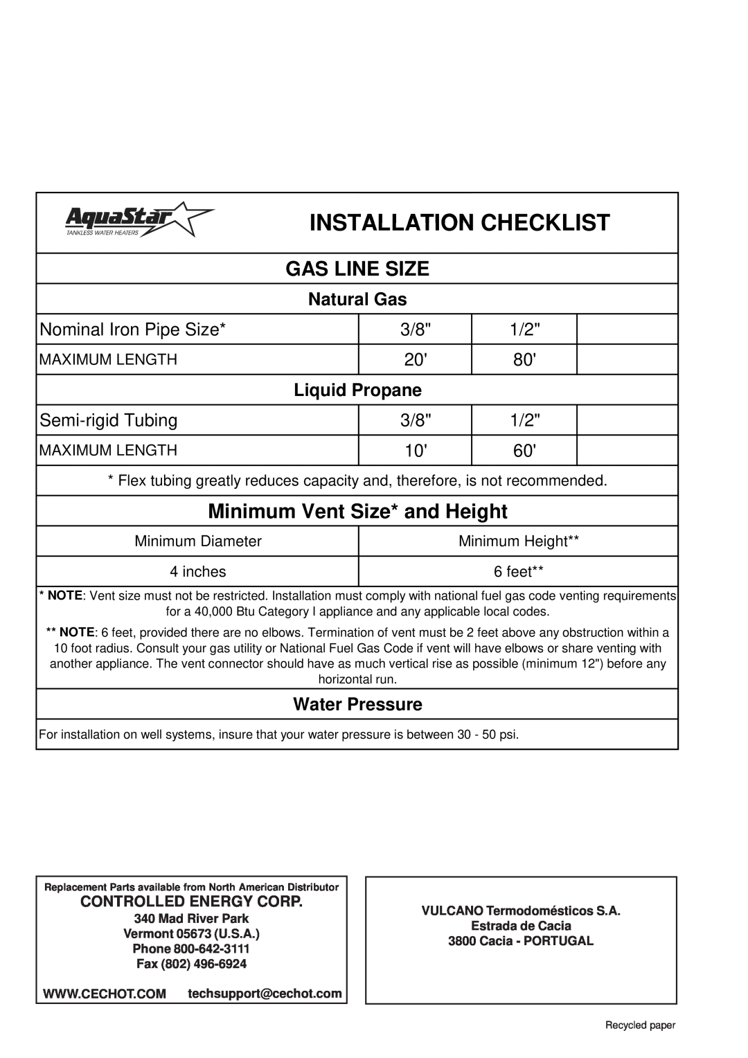 AquaStar 38B NG Water Pressure, Installation Checklist, Gas Line Size, Minimum Vent Size* and Height, Semi-rigid Tubing 