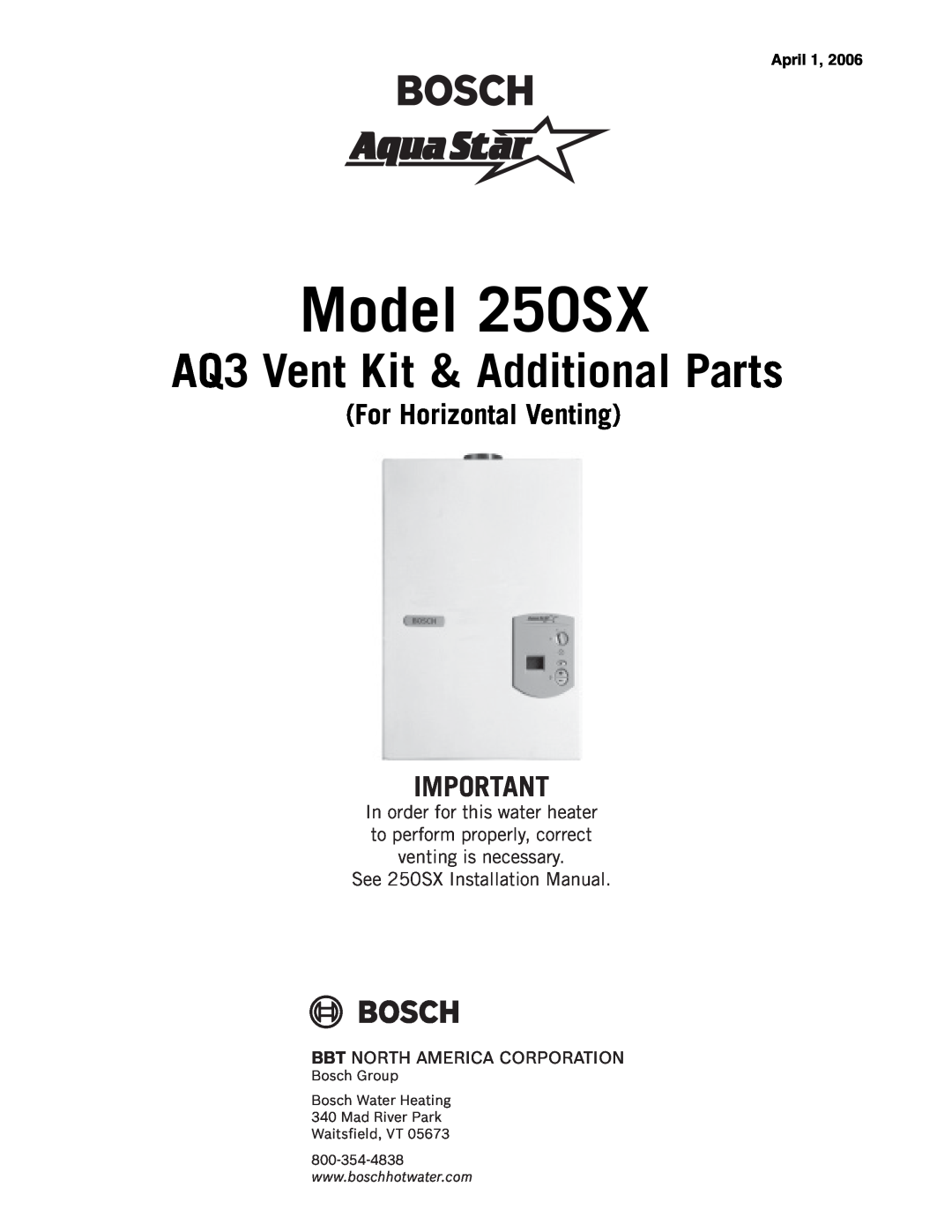 AquaStar AQ3ES installation manual Model 250SX, AQ3 Vent Kit & Additional Parts, For Horizontal Venting, April, hl\a8?khni 