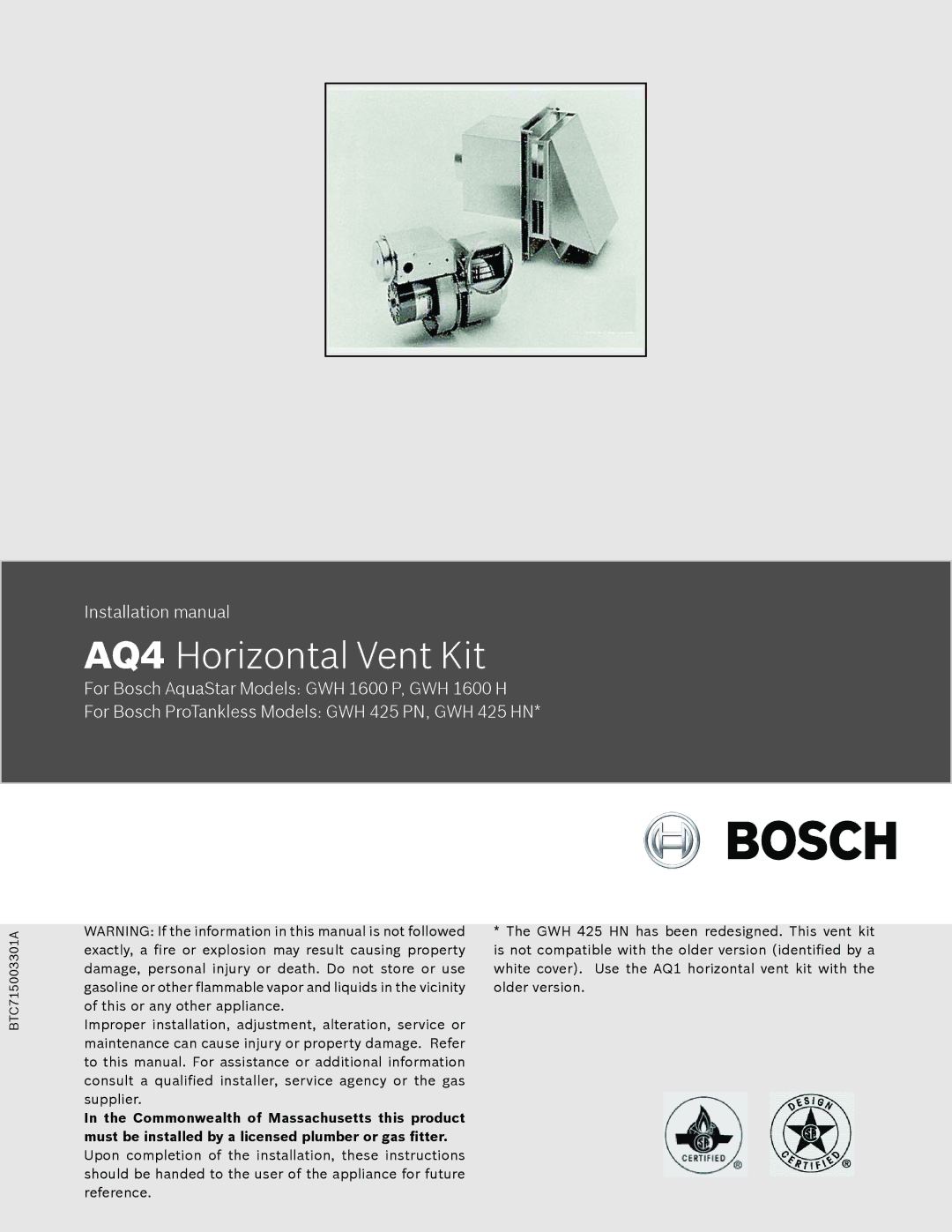 AquaStar installation manual AQ4 Horizontal Vent Kit 