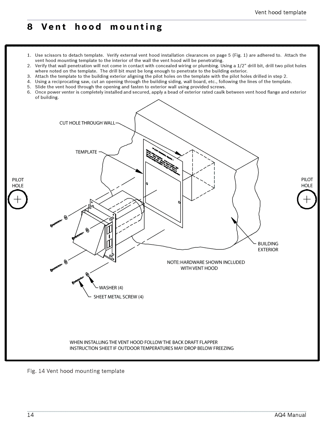 AquaStar installation manual Ve n t h o o d m o u n t i n g, Vent hood mounting template AQ4 Manual 