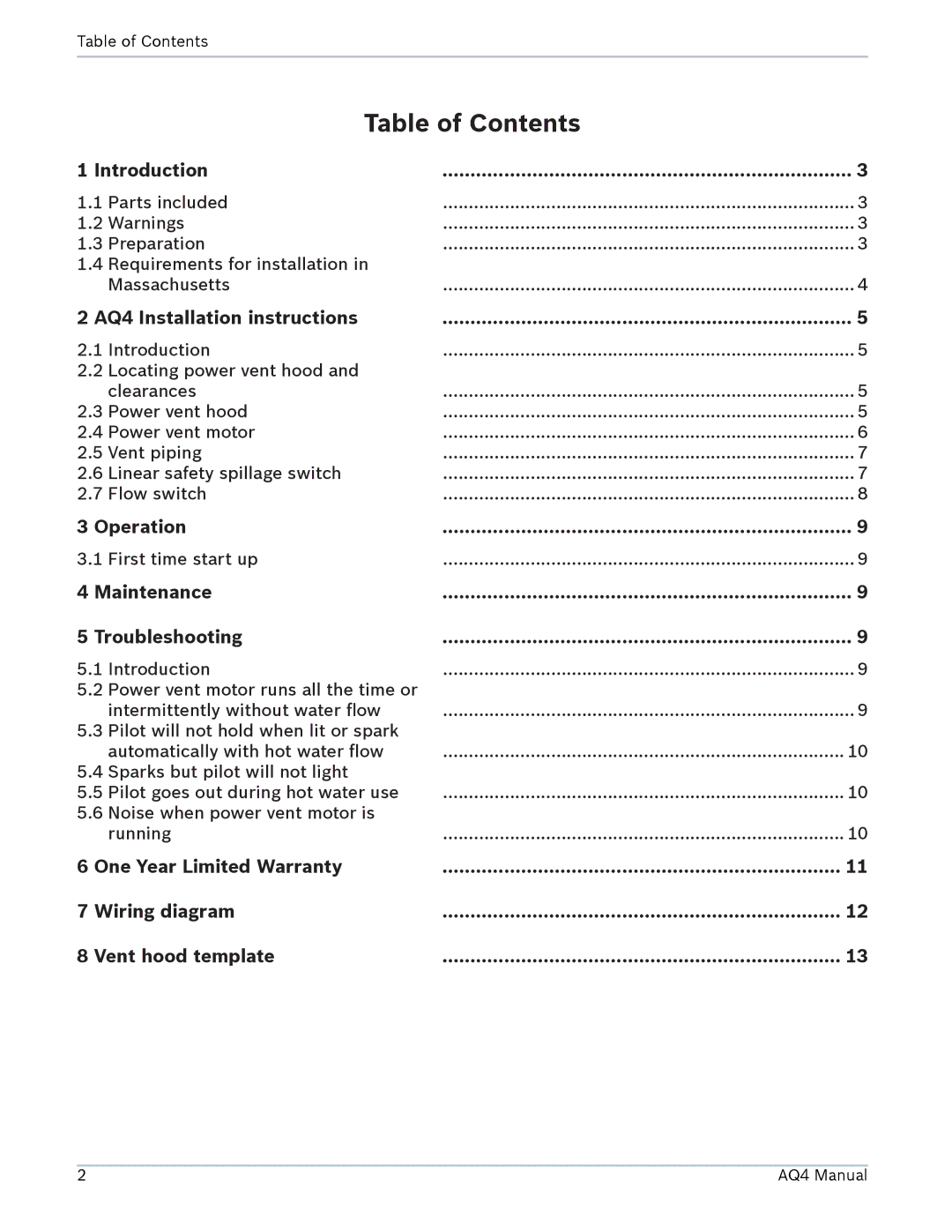 AquaStar AQ4 installation manual Table of Contents 