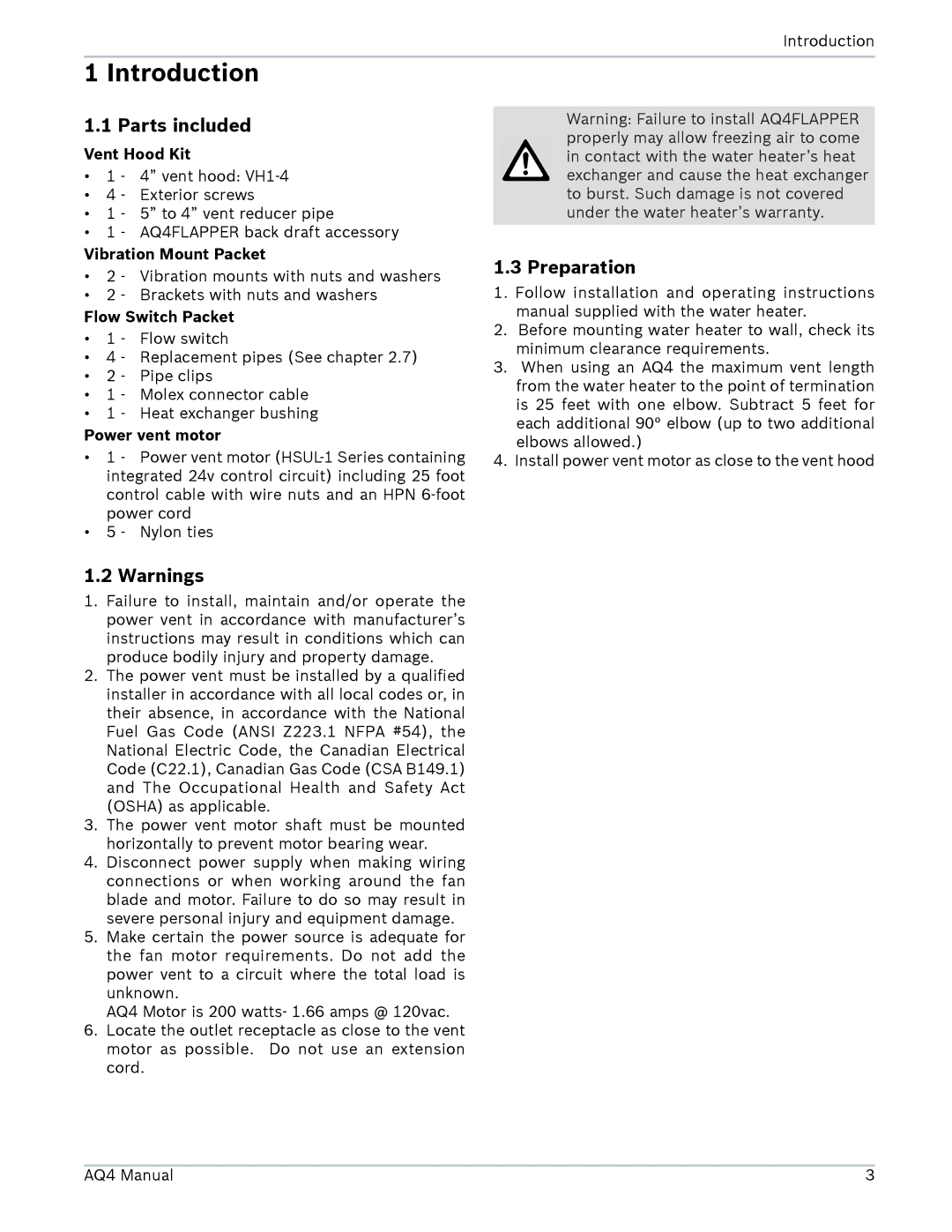 AquaStar AQ4 installation manual Introduction, Parts included, Preparation 