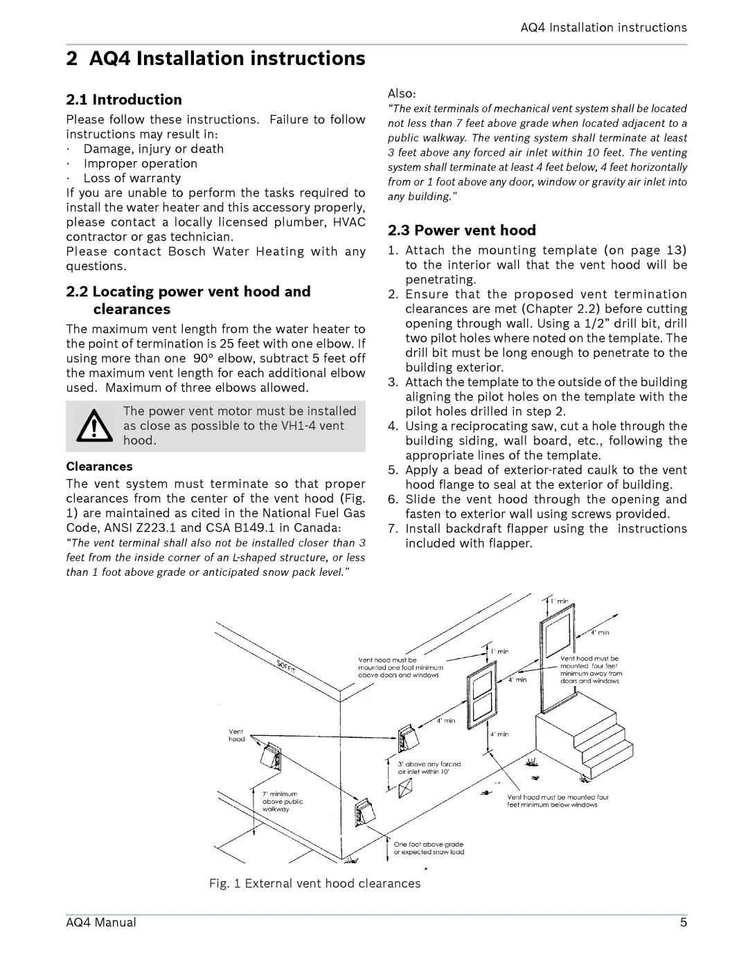 AquaStar AQ4 Installation instructions, Locating power vent hood and clearances, Power vent hood, Clearances 