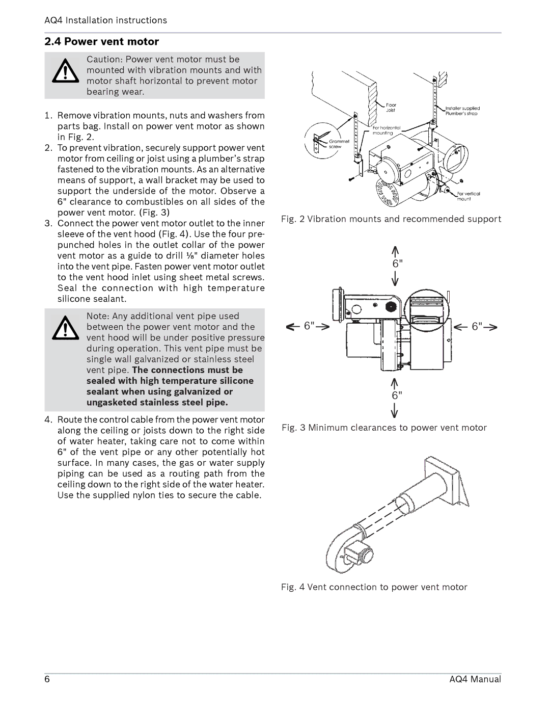 AquaStar AQ4 installation manual Power vent motor, Vibration mounts and recommended support 