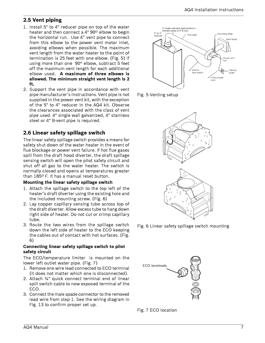 AquaStar AQ4 installation manual Vent piping, Linear safety spillage switch, Mounting the linear safety spillage switch 