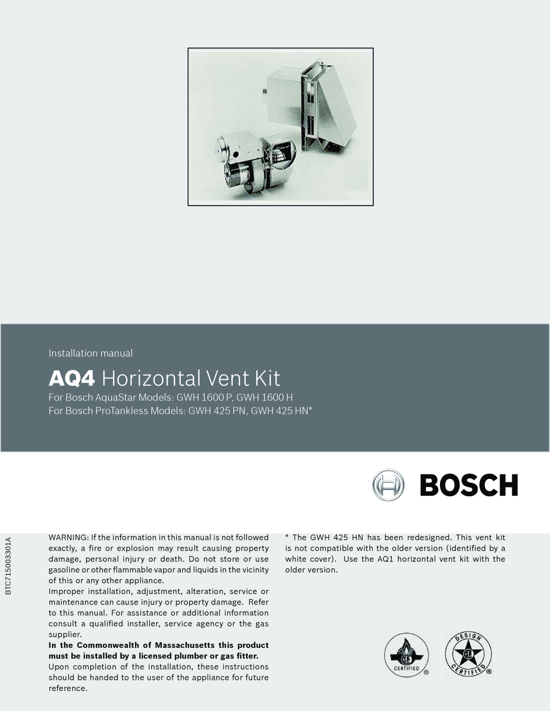 AquaStar installation manual AQ4 Horizontal Vent Kit, Installation manual 