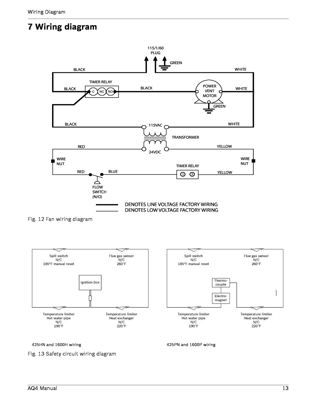 AquaStar AQ4 installation manual Wiring diagram, 425HN and 1600H wiring, 425PN and 1600P wiring 
