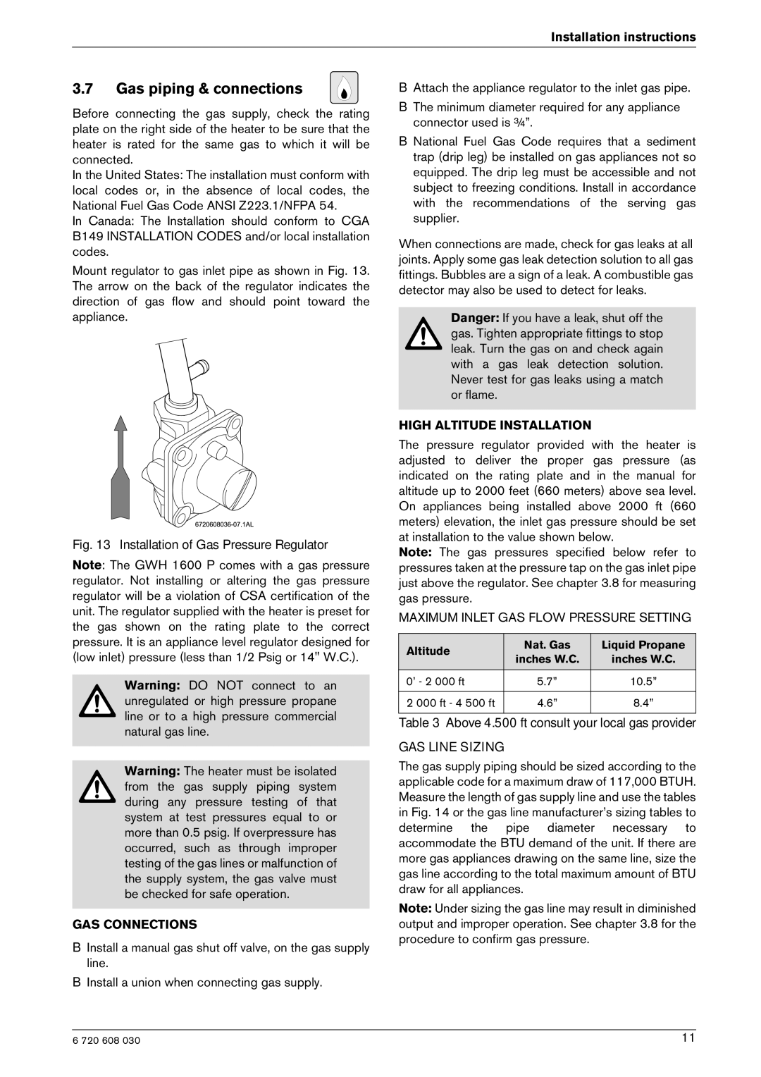 AquaStar GWH 1600 P manual Gas piping & connections, GAS Connections 