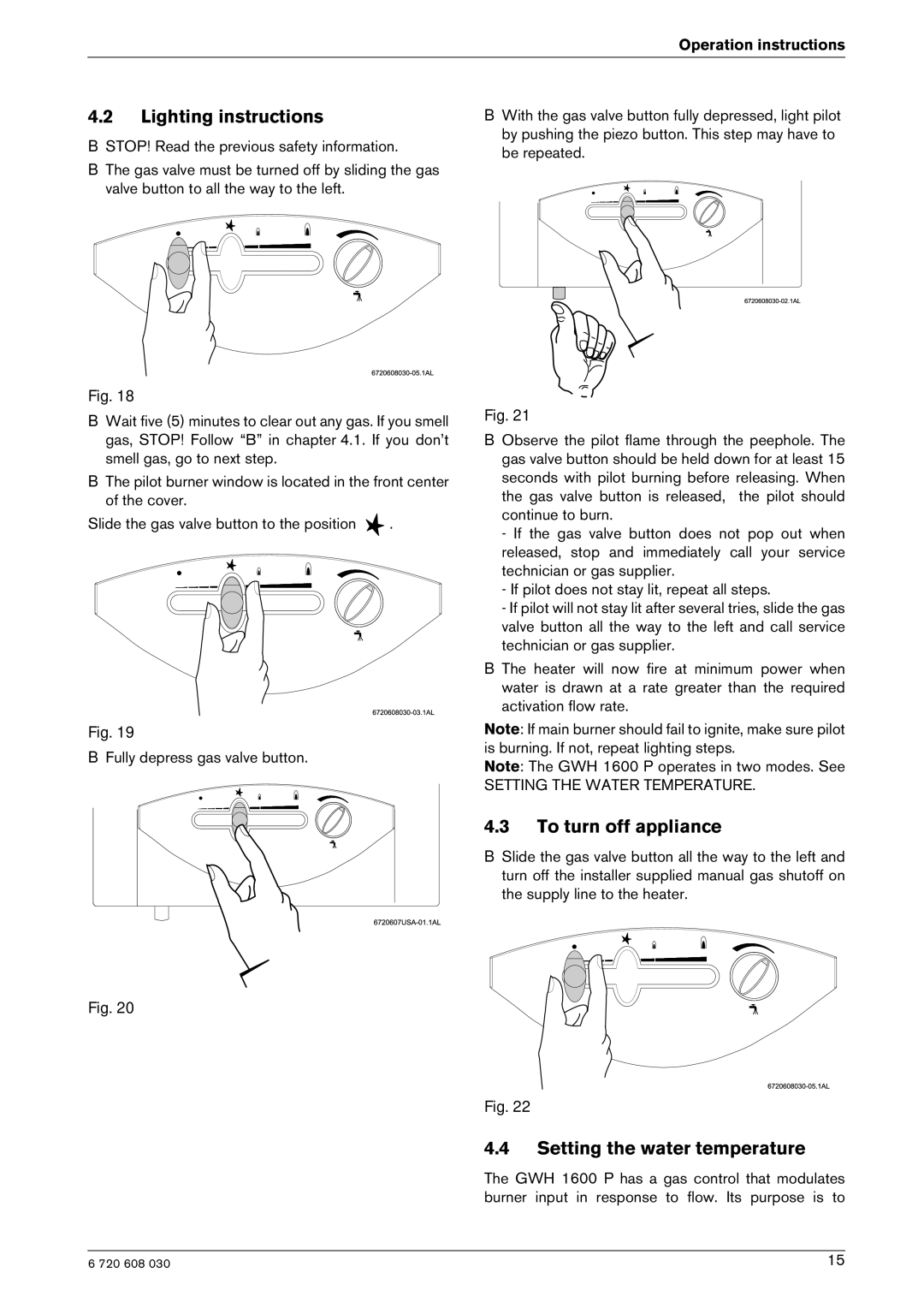 AquaStar GWH 1600 P manual Lighting instructions, To turn off appliance, Setting the water temperature 