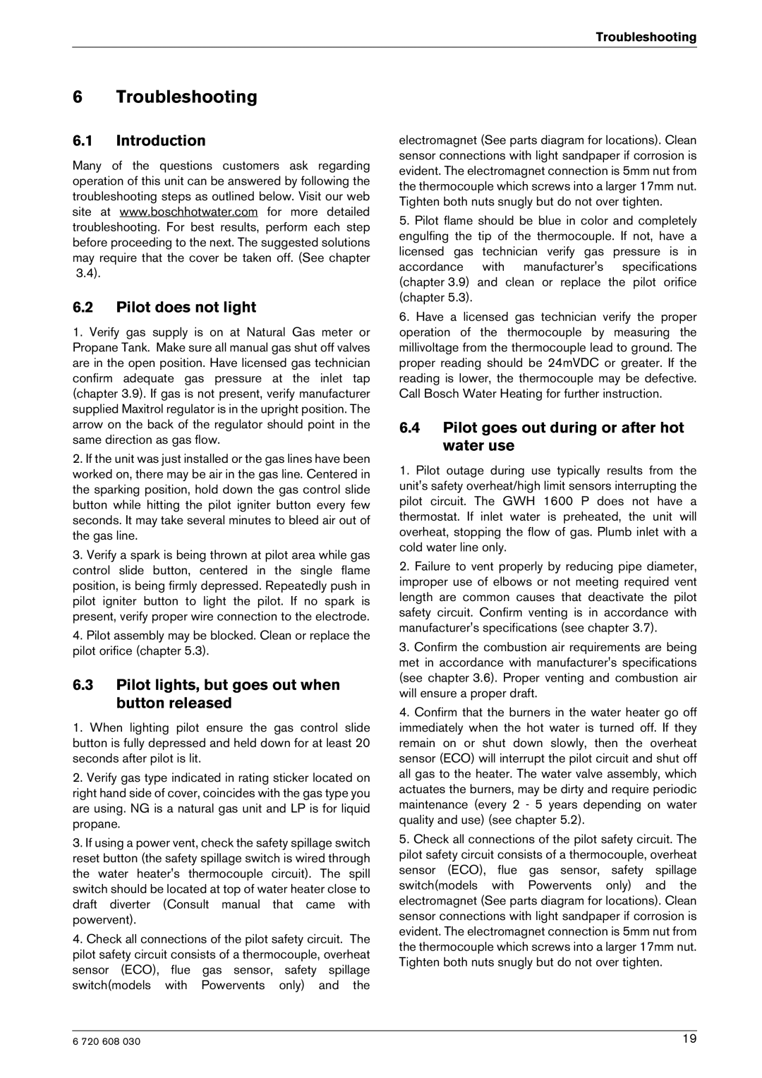 AquaStar GWH 1600 P Troubleshooting, Introduction Pilot does not light, Pilot lights, but goes out when button released 