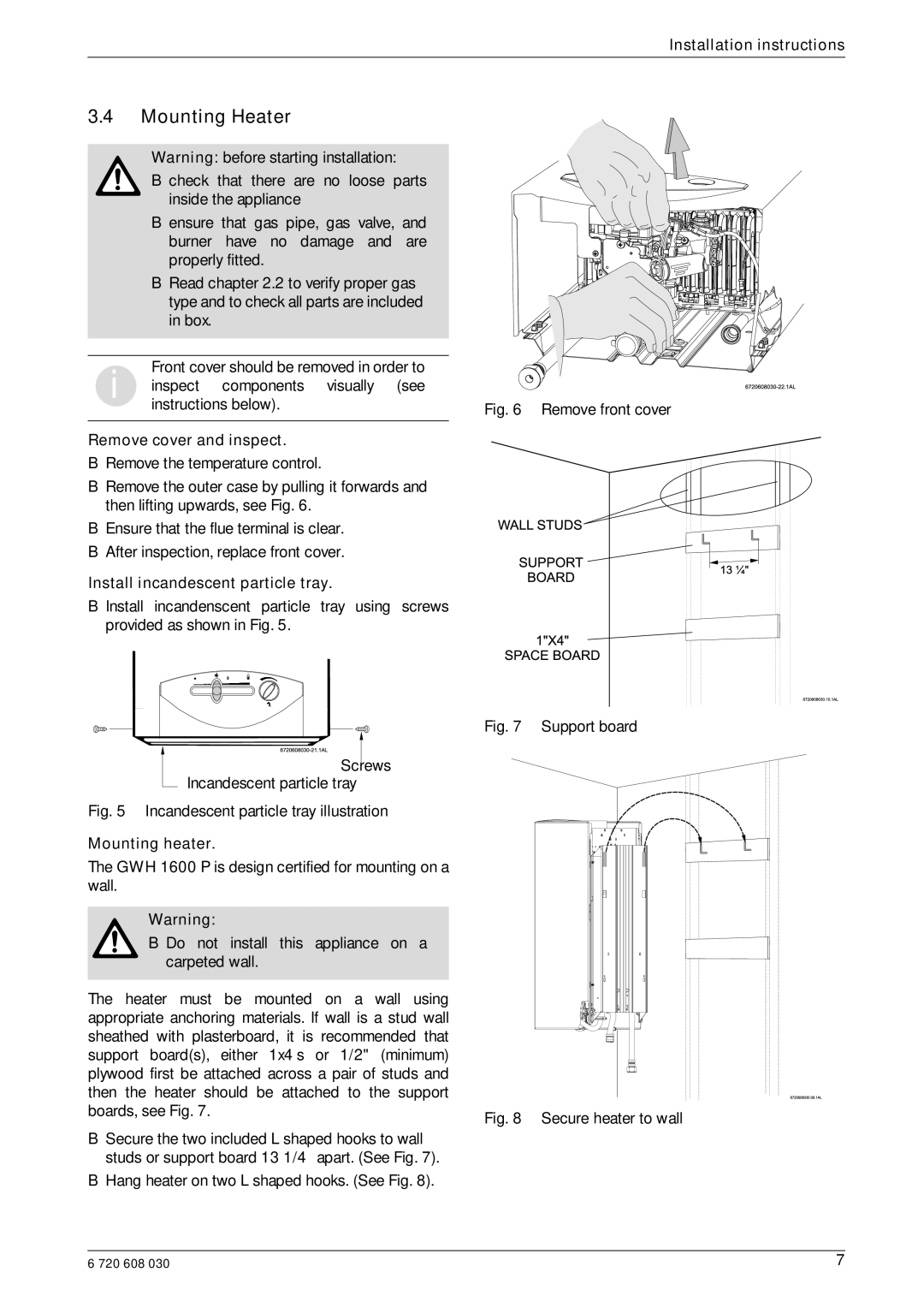 AquaStar GWH 1600 P manual Mounting Heater, Remove cover and inspect Remove the temperature control 