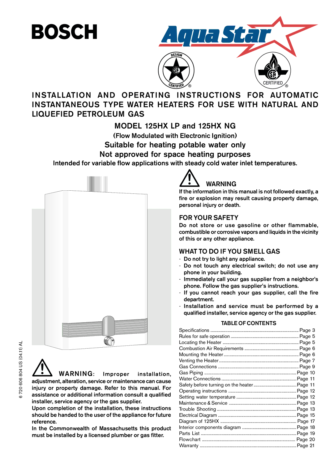 AquaStar LP, 125HXNG specifications For Your Safety, What to do if YOU Smell GAS, Table of Contents 