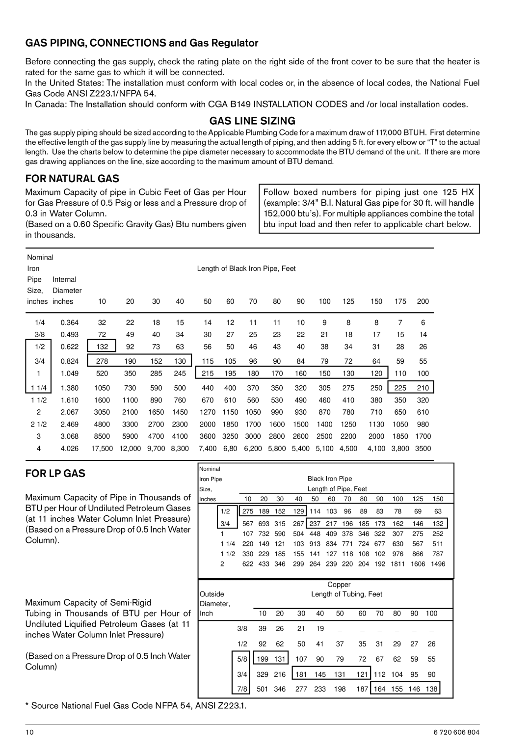 AquaStar 125HXNG specifications For Natural GAS, For LP GAS, Source National Fuel Gas Code Nfpa 54, Ansi Z223.1 