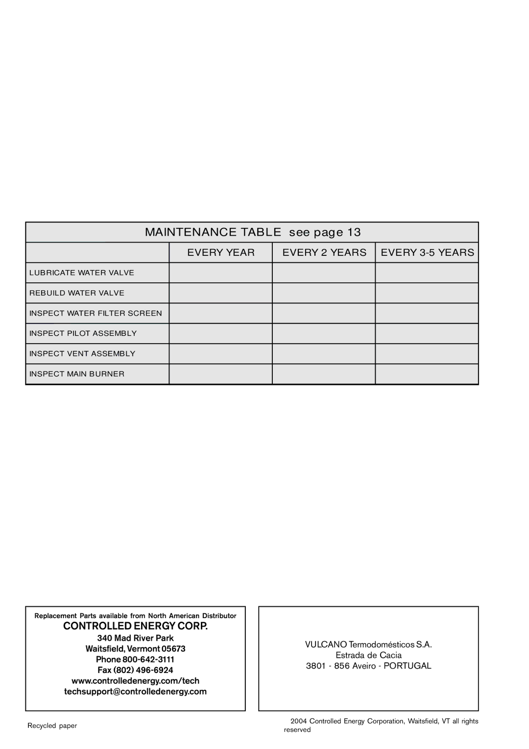 AquaStar LP, 125HXNG specifications Maintenance Table see, Controlled Energy Corp 