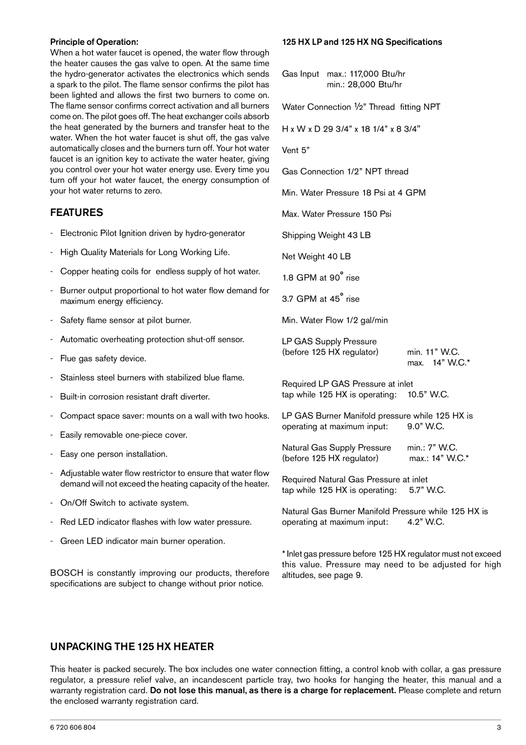 AquaStar LP, 125HX Features, Unpacking the 125 HX Heater, Principle of Operation, Required Natural Gas Pressure at inlet 