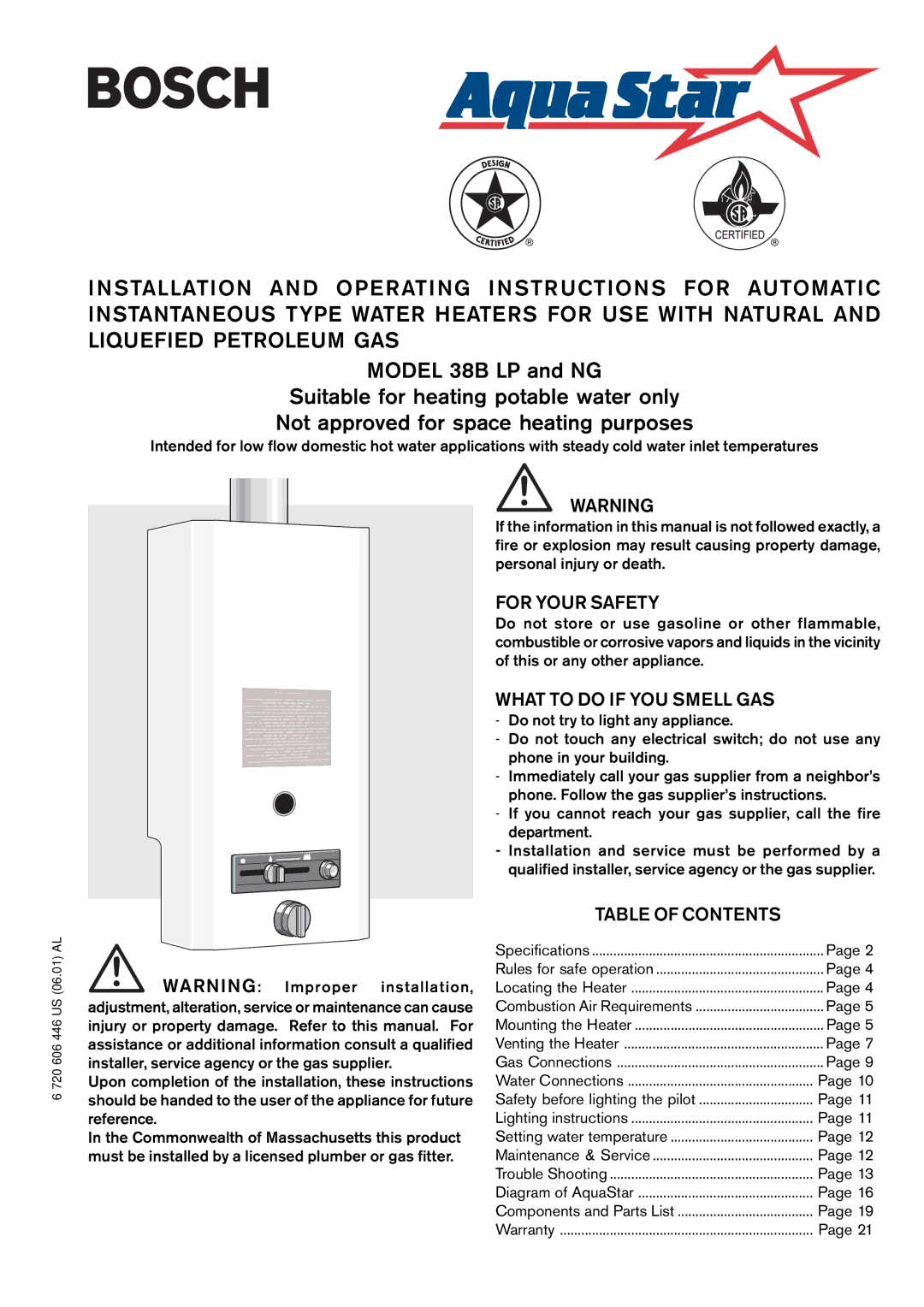 AquaStar NG operating instructions For Your Safety, What to do if YOU Smell GAS, Table of Contents 