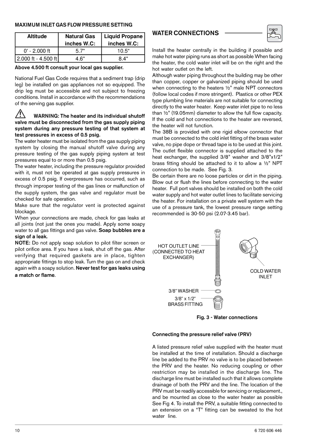 AquaStar NG operating instructions Water Connections, Altitude Natural Gas Liquid Propane Inches W.C 