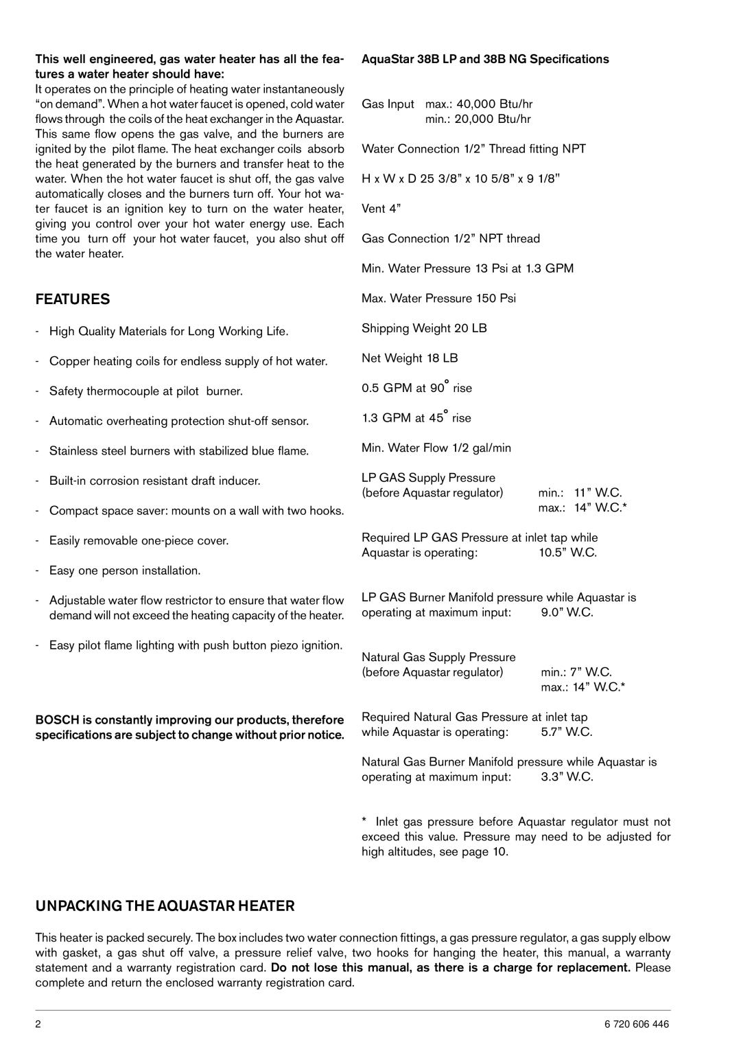 AquaStar NG operating instructions Features, Unpacking the Aquastar Heater 