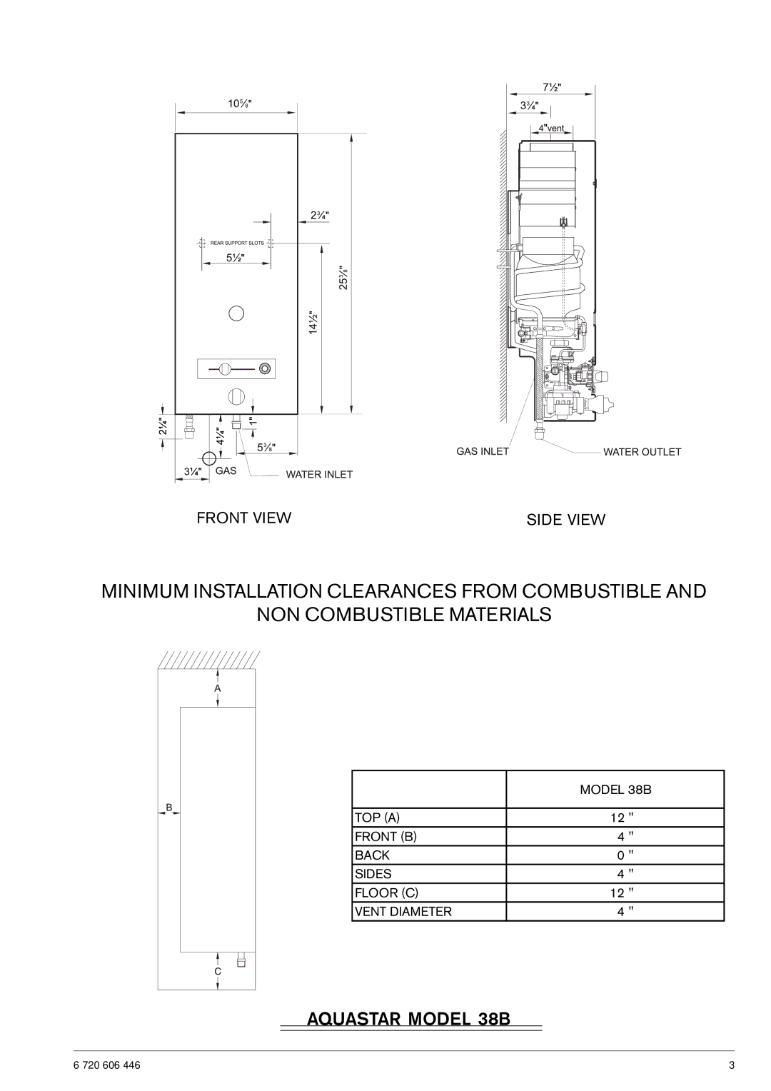 AquaStar NG operating instructions Aquastar Model 38B, Front View Side View 