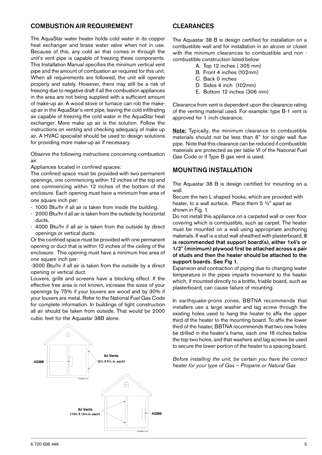 AquaStar NG operating instructions Combustion AIR Requirement, Mounting Installation 