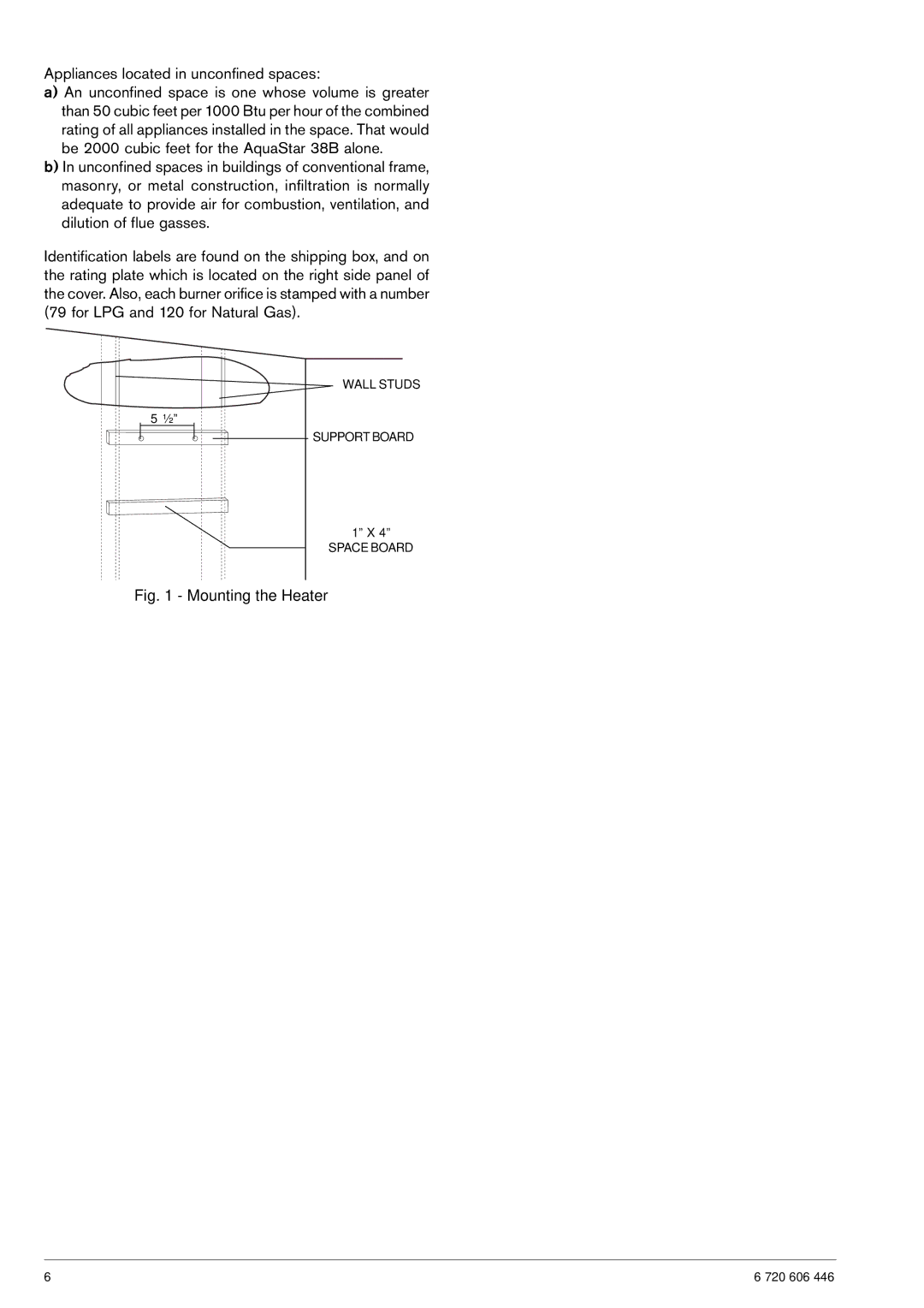 AquaStar NG operating instructions Appliances located in unconfined spaces, Mounting the Heater 