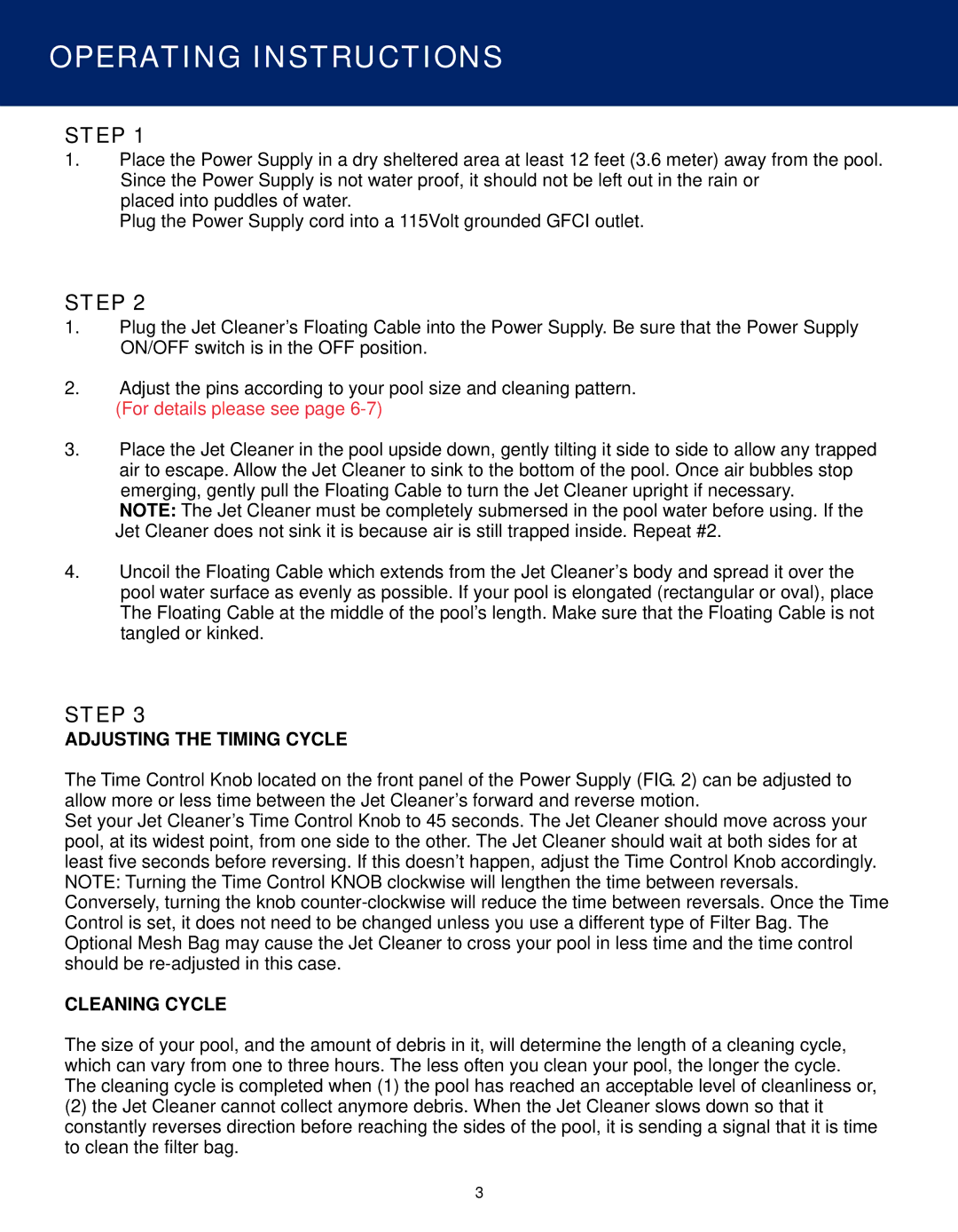 AQUATECH Swimming Pool Cleaner manual Operating Instructions, Adjusting the Timing Cycle, Cleaning Cycle 