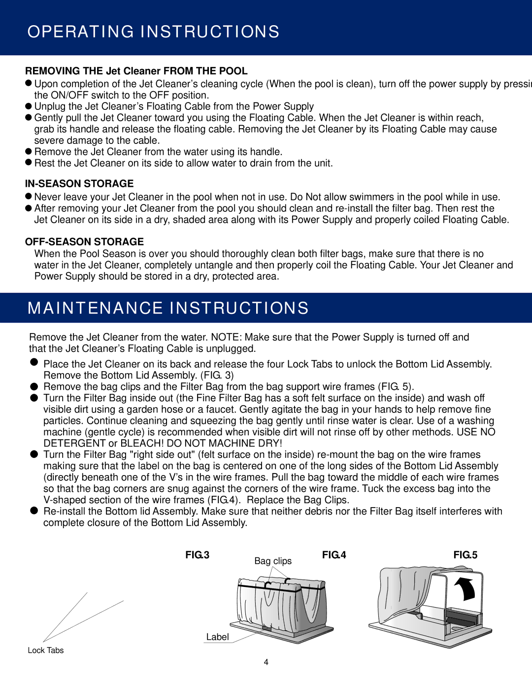 AQUATECH Swimming Pool Cleaner manual Maintenance Instructions, Removing the Jet Cleaner from the Pool, IN-SEASON Storage 