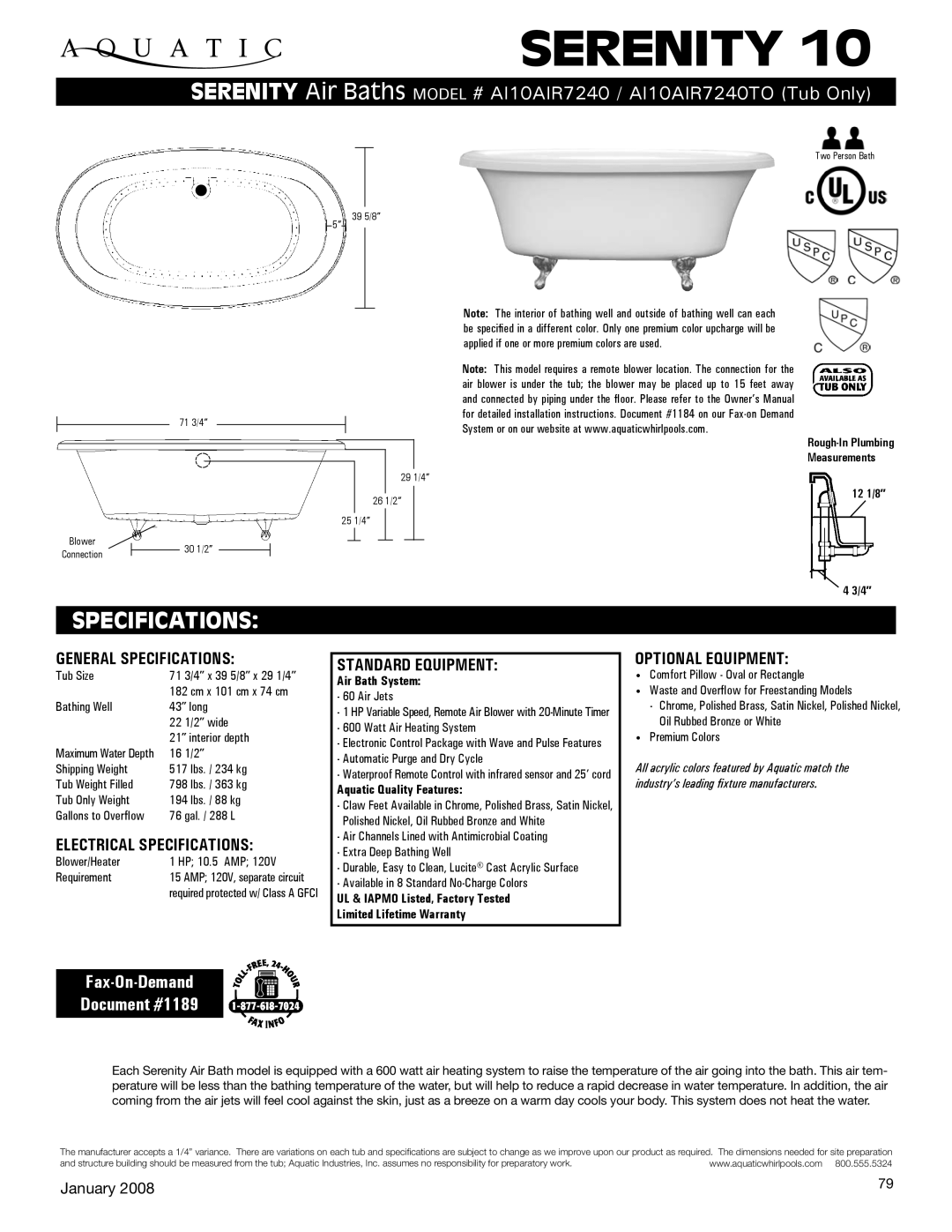 Aquatic AI10AIR7240TO specifications Serenity, Specifications, Fax-On-Demand Document #1189 