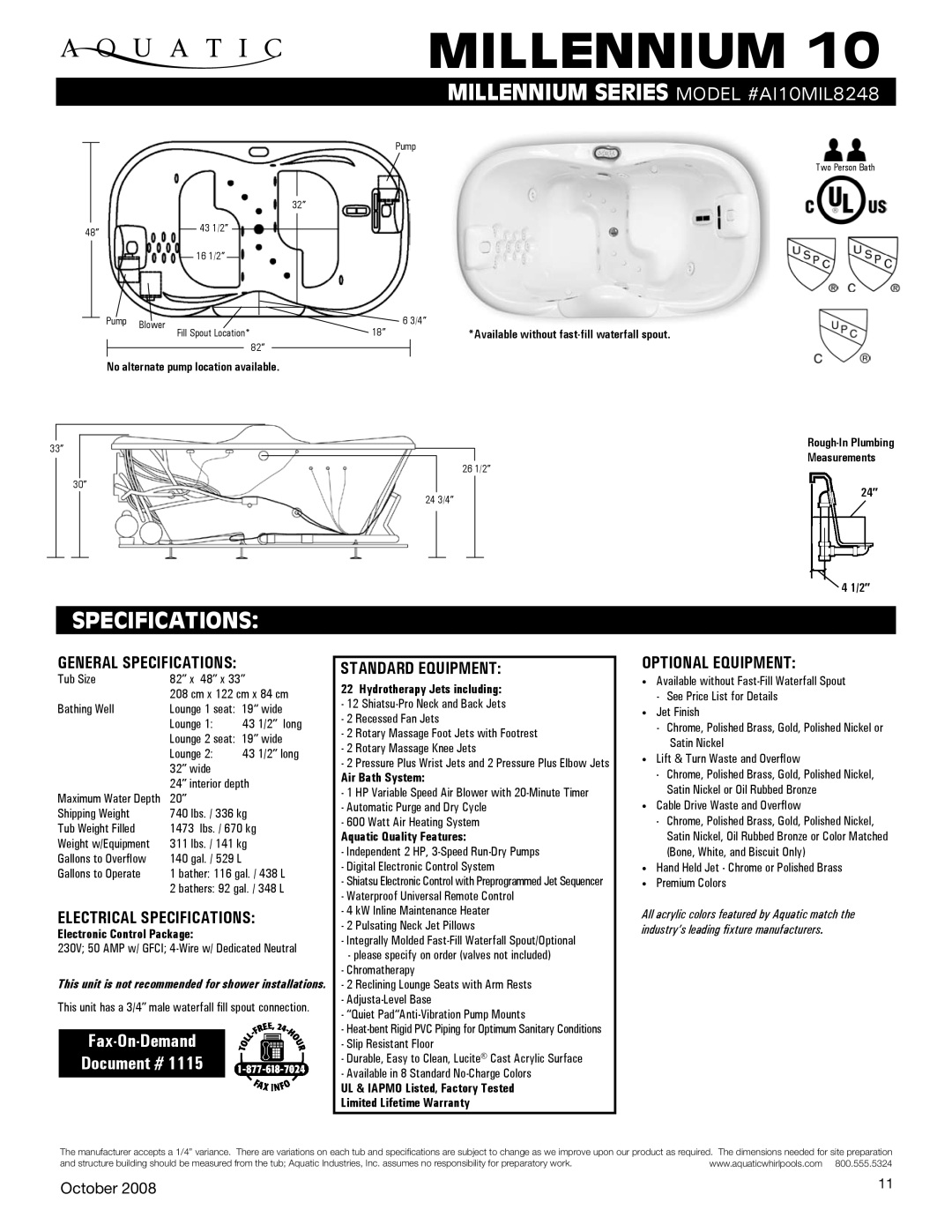 Aquatic AI10MIL8248 specifications General Specifications, Electrical Specifications, Standard equipment 