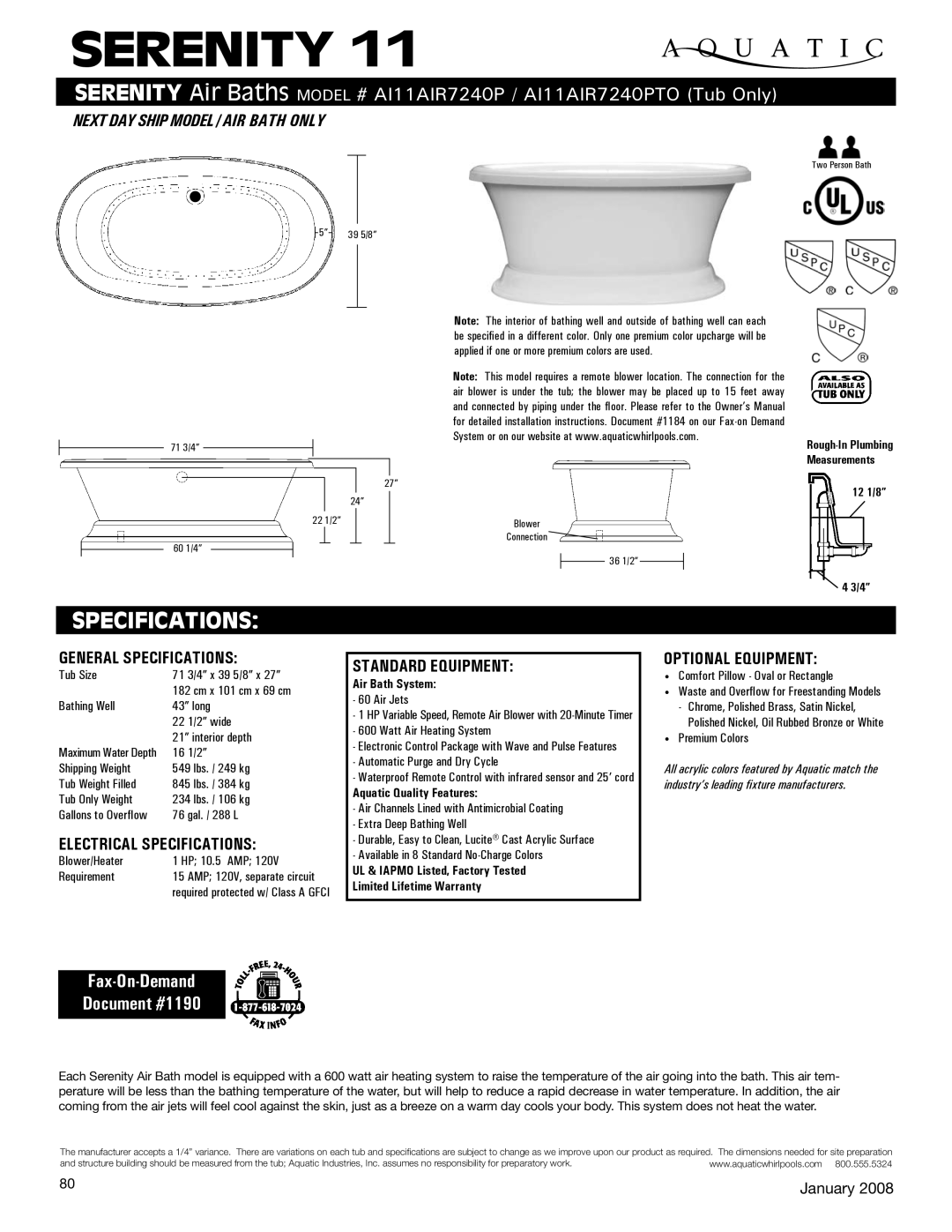 Aquatic AI11AIR7240PTO specifications Serenity, Specifications, Fax-On-Demand Document #1190 