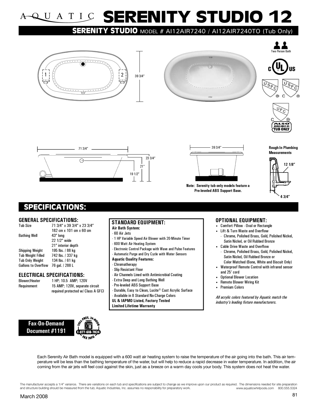 Aquatic AI12AIR7240TO specifications Serenity Studio, Specifications, Fax-On-Demand Document #1191 