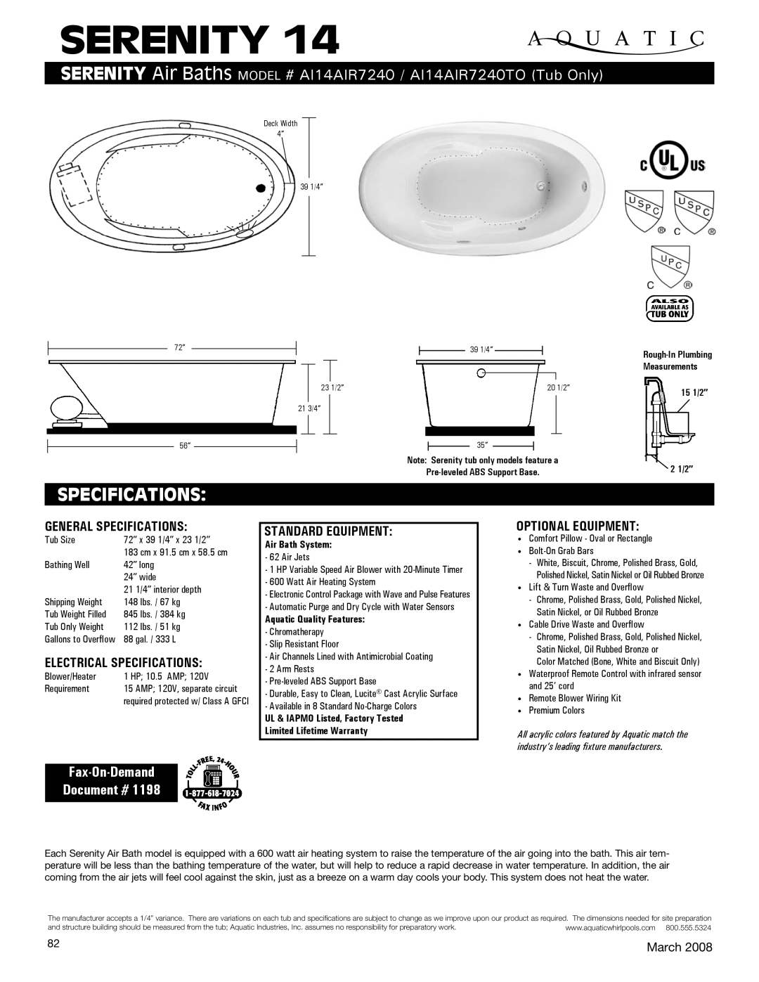 Aquatic AI14AIR7240TO specifications General Specifications, Electrical Specifications, Standard equipment 