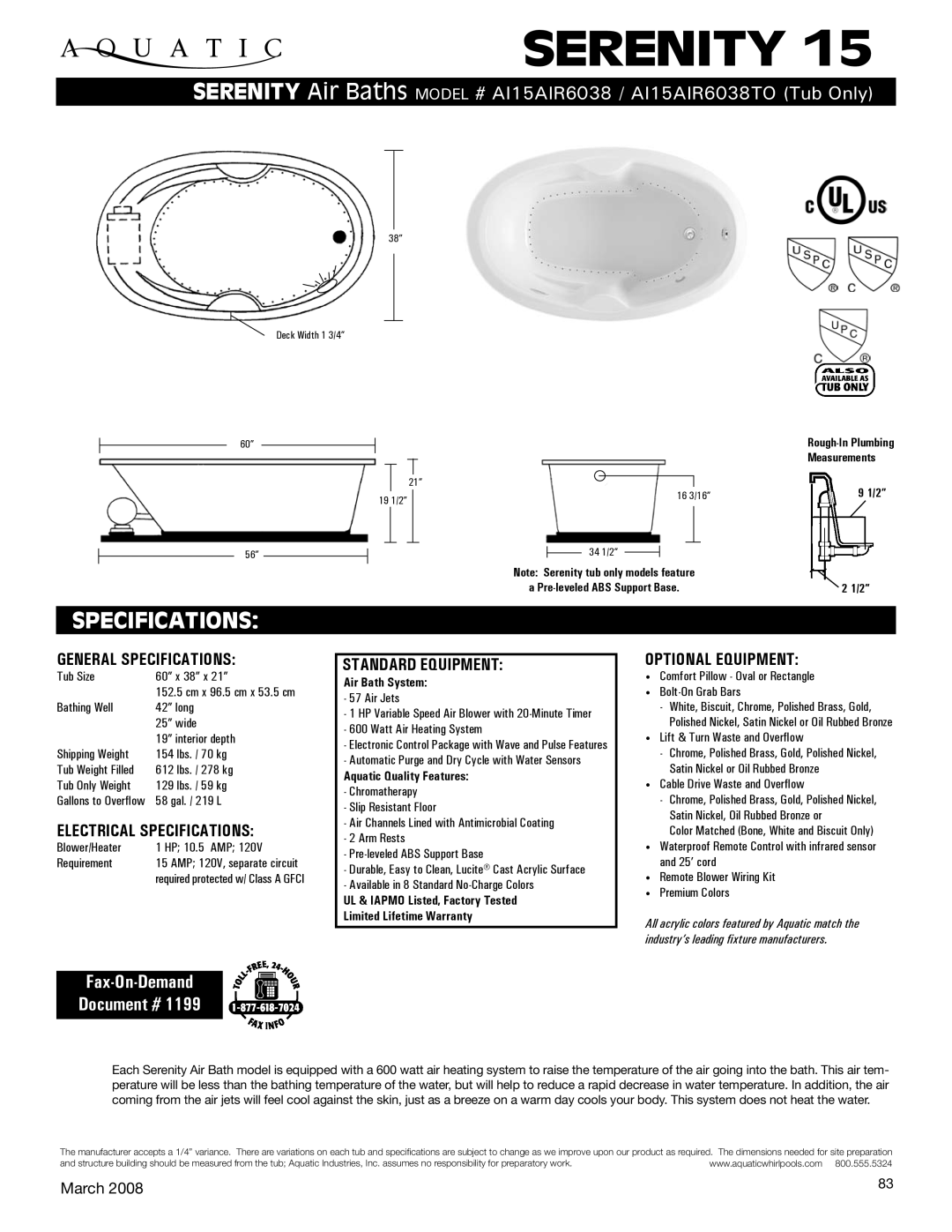 Aquatic AI15AIR6038TO specifications General Specifications, Electrical Specifications, Standard equipment 