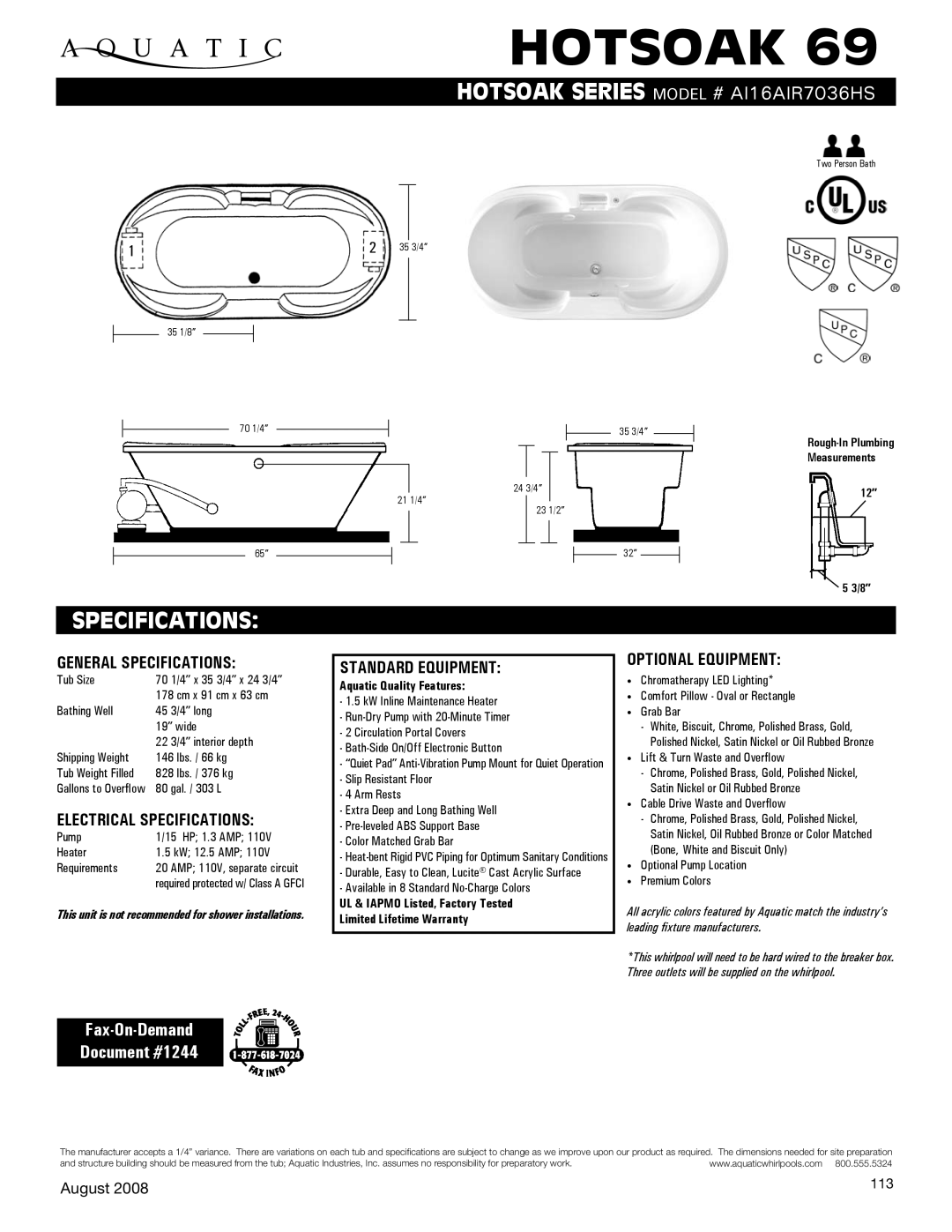 Aquatic AI16AIR7036HS specifications General Specifications, Electrical Specifications, Standard equipment 