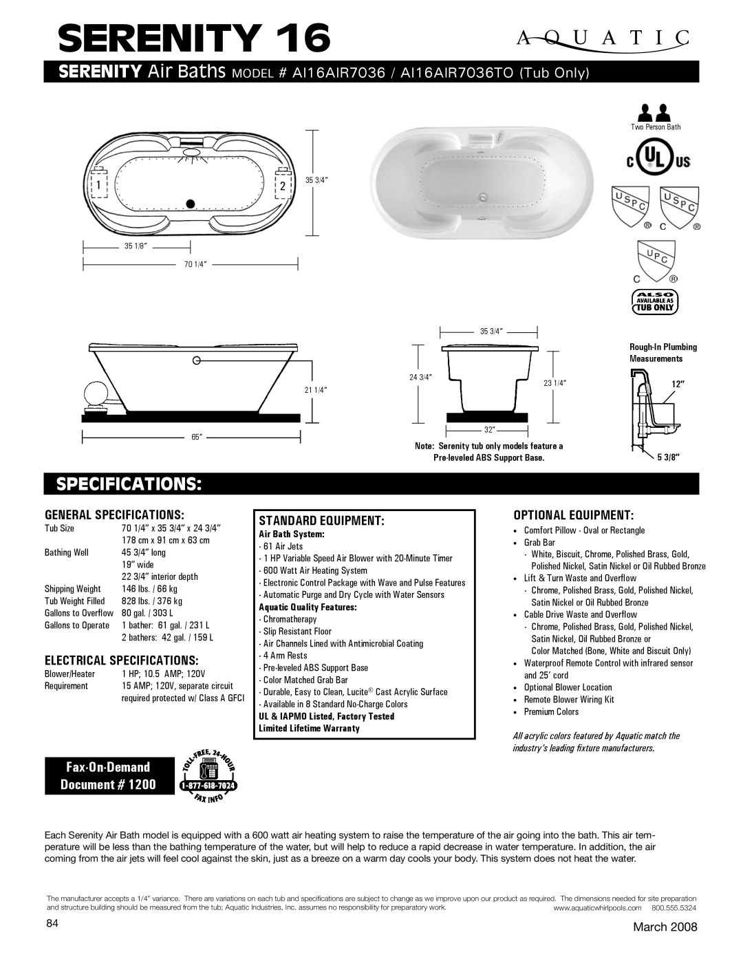 Aquatic AI16AIR7036TO specifications General Specifications, Electrical Specifications, Standard equipment 