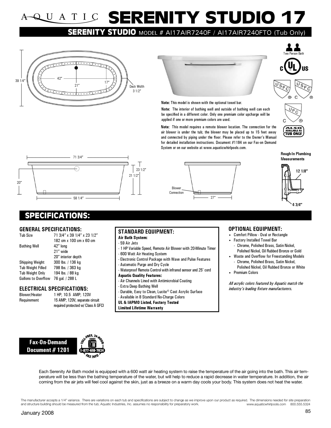 Aquatic AI17AIR7240FTO specifications Serenity studio, Specifications, Fax-On-Demand Document # 