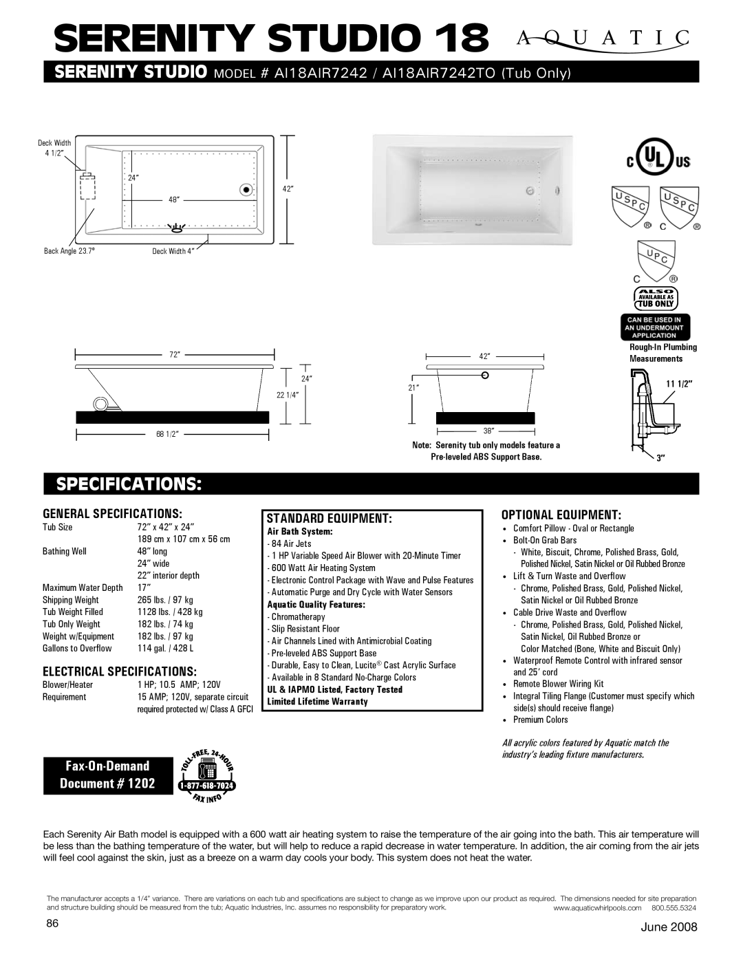 Aquatic AI18AIR7242TO specifications General Specifications, Electrical Specifications, Standard equipment 