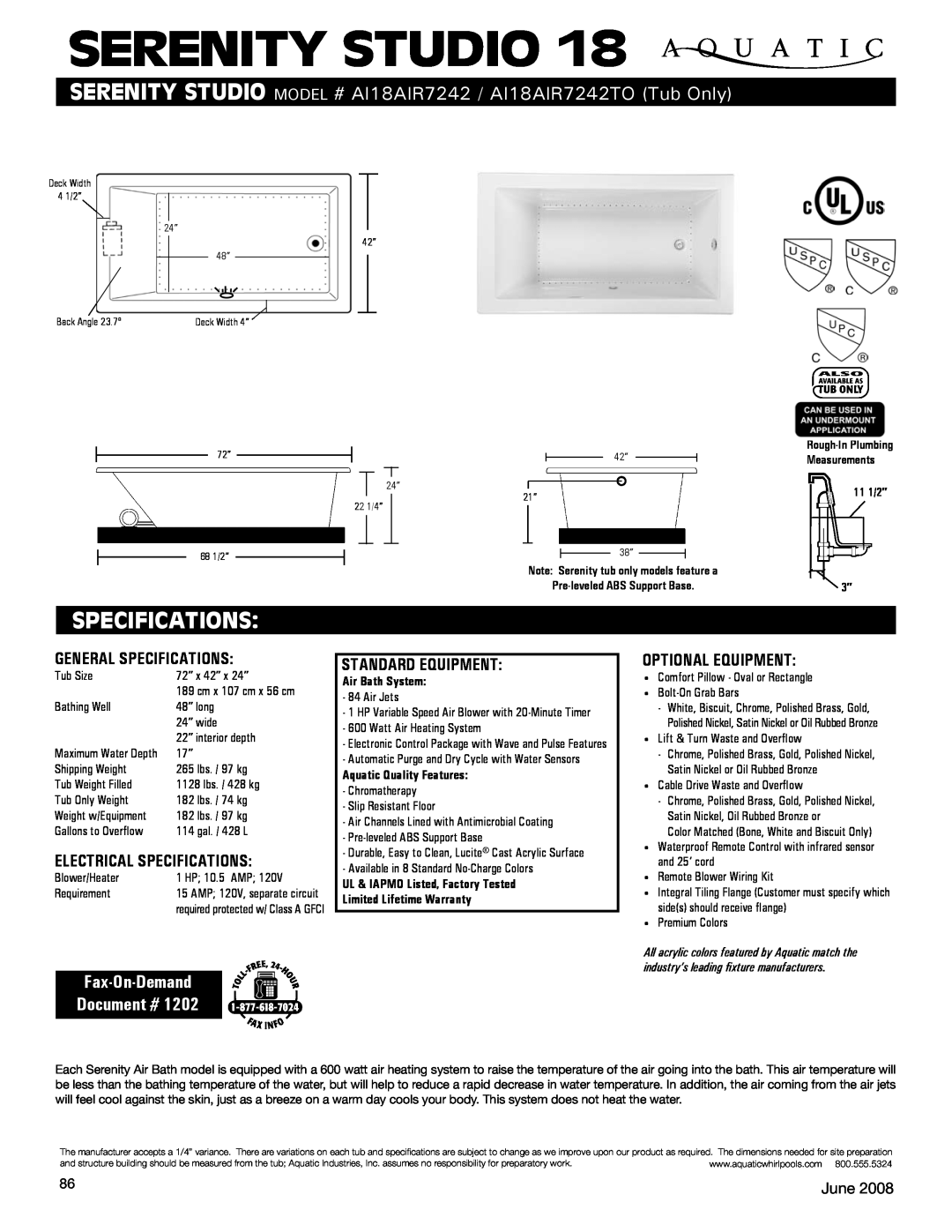Aquatic AI18AIR7242TO specifications Serenity studio, Fax-On-Demand Document #, General Specifications, June 
