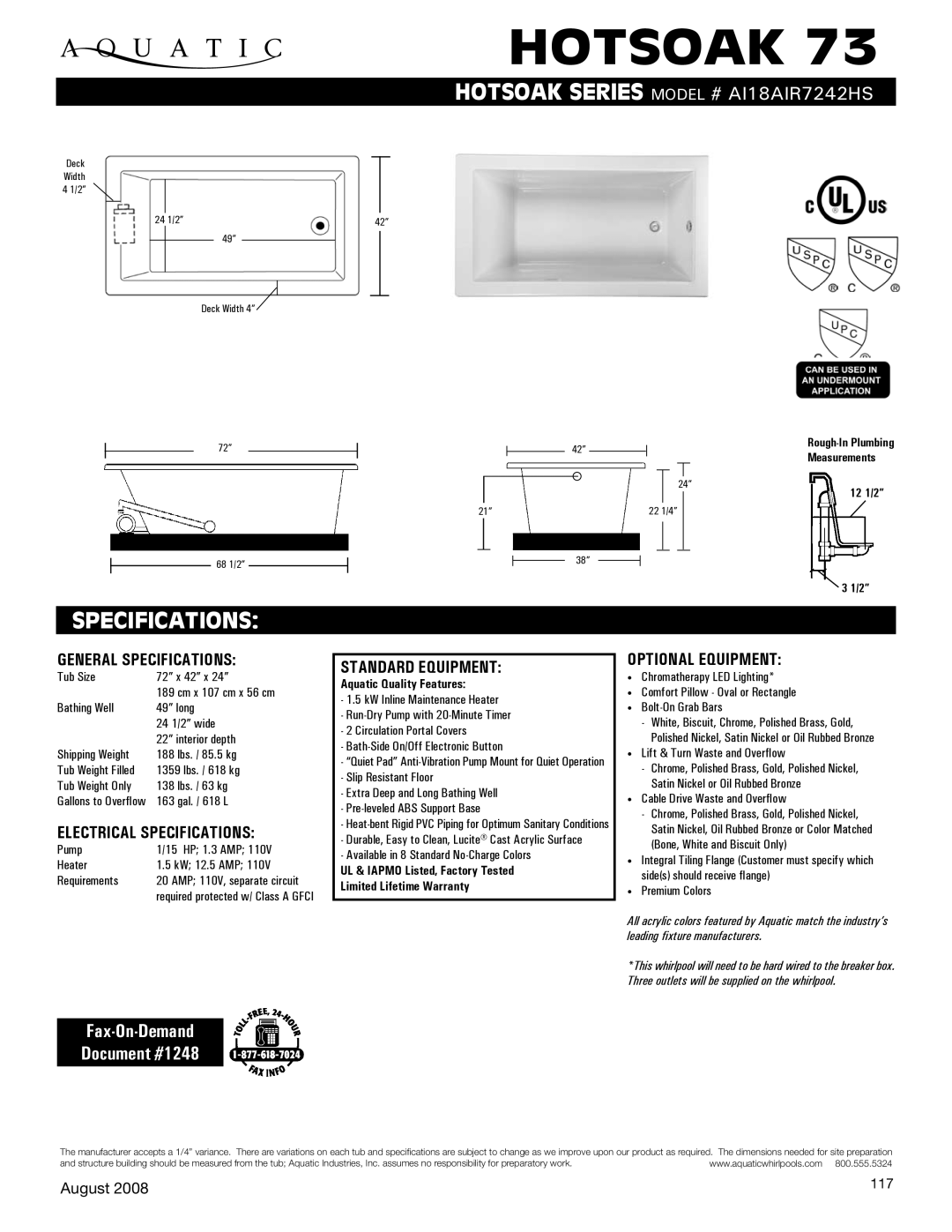 Aquatic AI18AIR7242HS specifications Hotsoak, Specifications, Fax-On-Demand Document #1248 